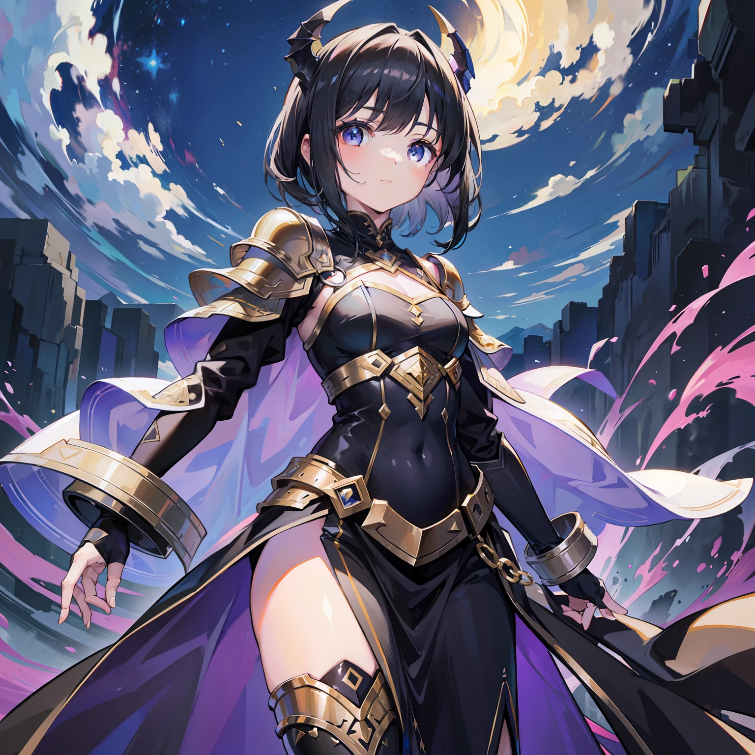 Wearing shiny Morven armor,Harness the behemoth of the ancient flood,It is an alien general with black hair,She is also a cute and cute little sister