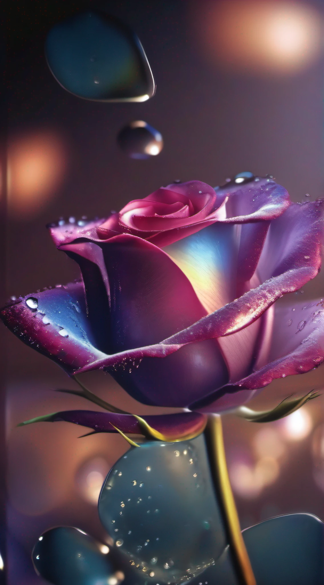 best qualtiy,Texture,Delicate and delicate,8K,Focus:macro,The light source:Top left,An iridescent rose,The petals are dotted with transparent water droplets,Background Black