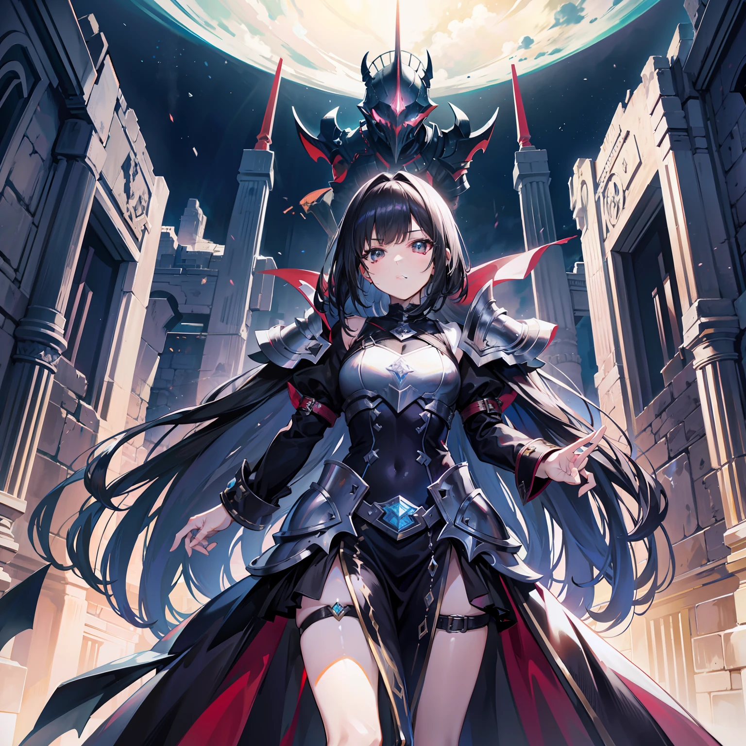 Wearing shiny Morven armor,Harness the behemoth of the ancient flood,It is an alien general with black hair,She is also a cute and cute sister