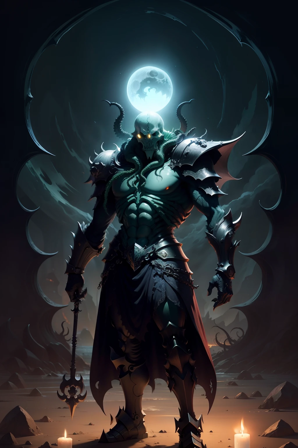 Esqueleto arafed com olhos brilhantes e olhos roxos em uma caverna, purple glowing core in armor, volcanic skeleton, Rei Esqueleto, Noturno de League of Legends, guerreiro esqueleto, arte conceitual demon soul, fit male demon with white horns, Style of Art Digital of Epic Fantasy, undead lich, Necromante ciborgue, morte maligna, Rei do esqueleto dos mortos-vivos, cavaleiro esqueleto, magro e sem chifres