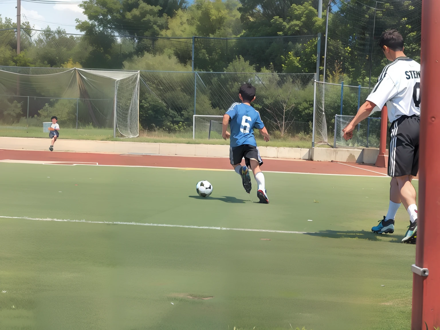 A boy playing soccer，soccer court