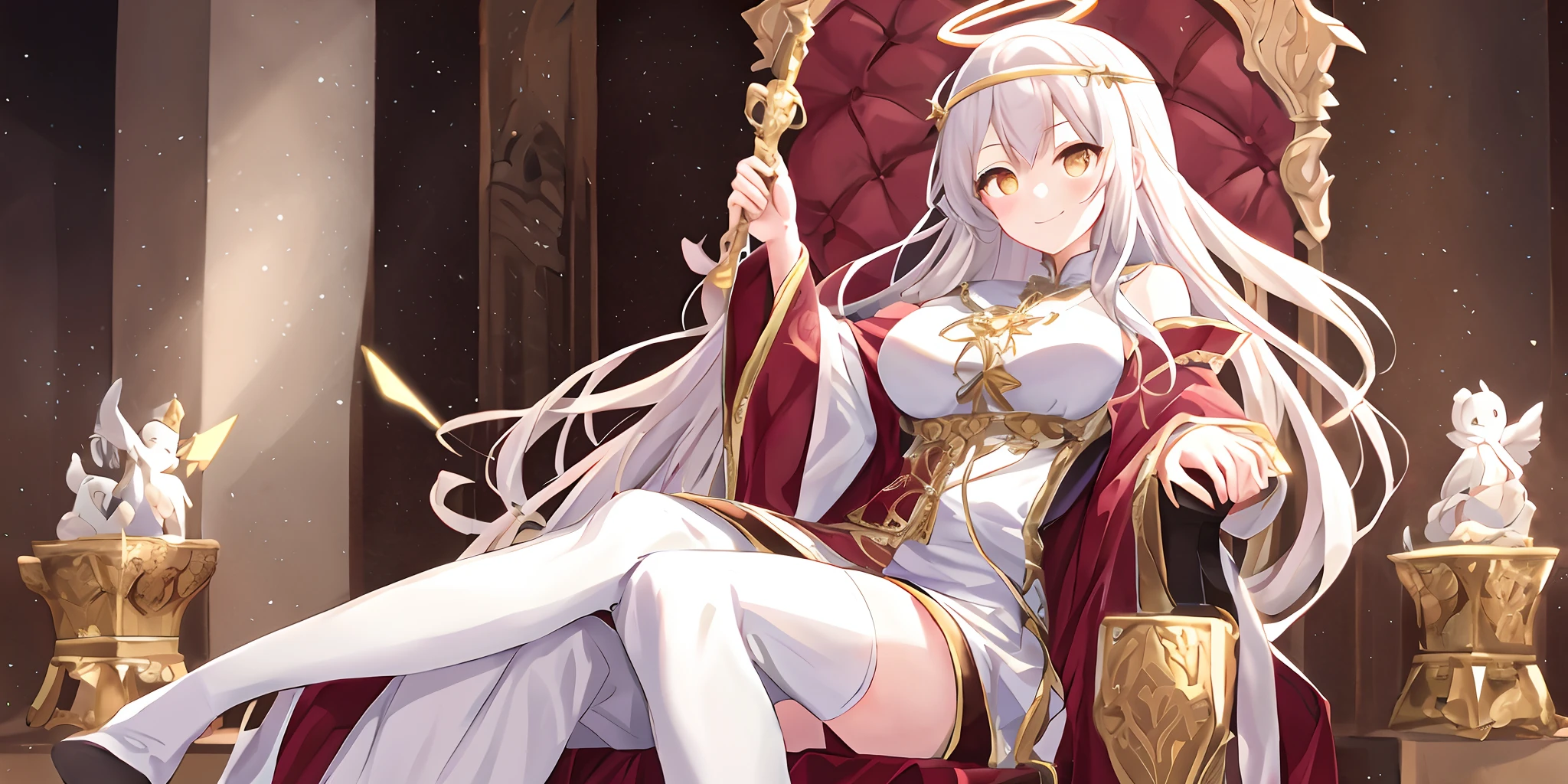 Pope all over the body,On the scepter,seated on a throne,((Robe with intricate patterns)),(1个Giant Breast Girl),(独奏),(cute anime face),Gold eyes,long white hair,ssmile,The halo,(Sit on a low throne),In a magnificent castle,k hd