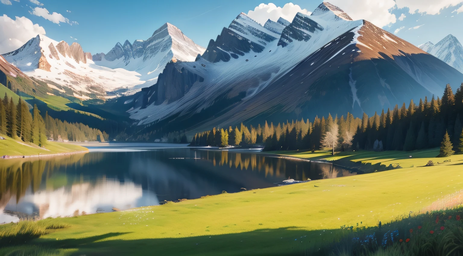In a meadow,There are flowers and plants next to the meadow,Lakes in meadow background,Behind the lake are snow-capped mountains,The sky has white clouds,There are mattresses on the grass,There is a suitcase next to the mattress