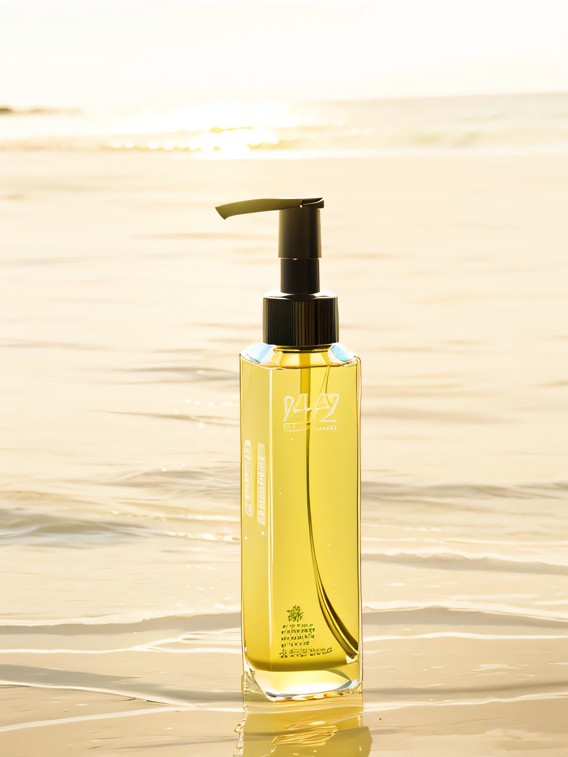 There is a bottle of liquid on the surface of the water, Product photo, hair fluid, product image, close-up product photo, ProductAdvertisements, List image, high quality product photo, professional product photo, detailled image,commerciaphotography, Sunny summer day, Packaging shooting, Fine focus, Depth of field, 120mm shooting, Hasselblad shooting, Sharply focused commercial photography