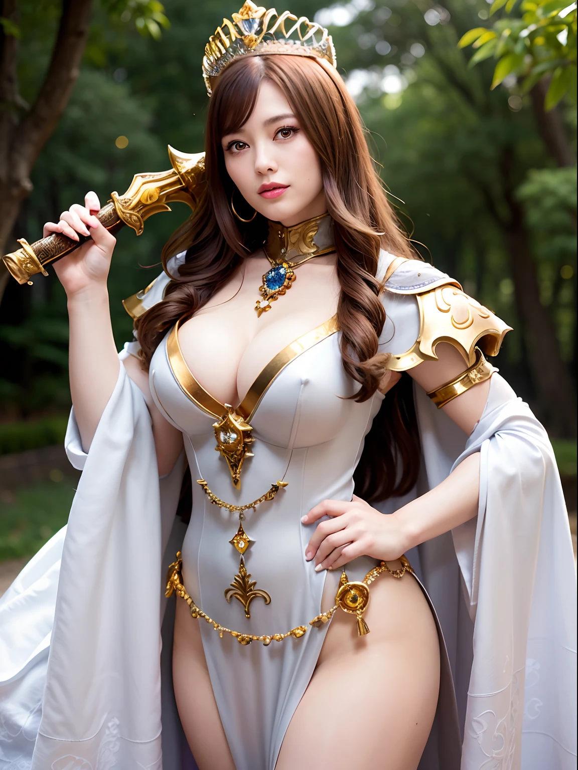 Professional , ​masterpiece、top-quality、photos realistic , depth of fields （Gemstone Silver Metal Body:1.９),(Matte Silver、Jewel Gold Weapon、（Gorgeous castle background）、（Jewel White Metal Body:1.４),（Gorgeous Jewel Metal Weapons） , （Hold the detailed sword of the hero） ,（，close-up，dream magical，tornado ）   ,warhammer 40k , adepta sororitas,Detail and ornate jewel crown、Brown hair、（Gangle's forest background）、１a person、dynamic ungle,(((Diamond tiara with detail and luxury)))、a small face、A smile、Powerful poses、（Gorgeous castle background）、huge filesize、20 year old beautiful woman、Stand in the center of the screen、Thin female fingers、Straight long hair、Beautiful Caucasian beauty、Mystical expression、Lightly open your mouth、,Luminescent particles,light scattering,Tindall Effect、cleavage of the breast、