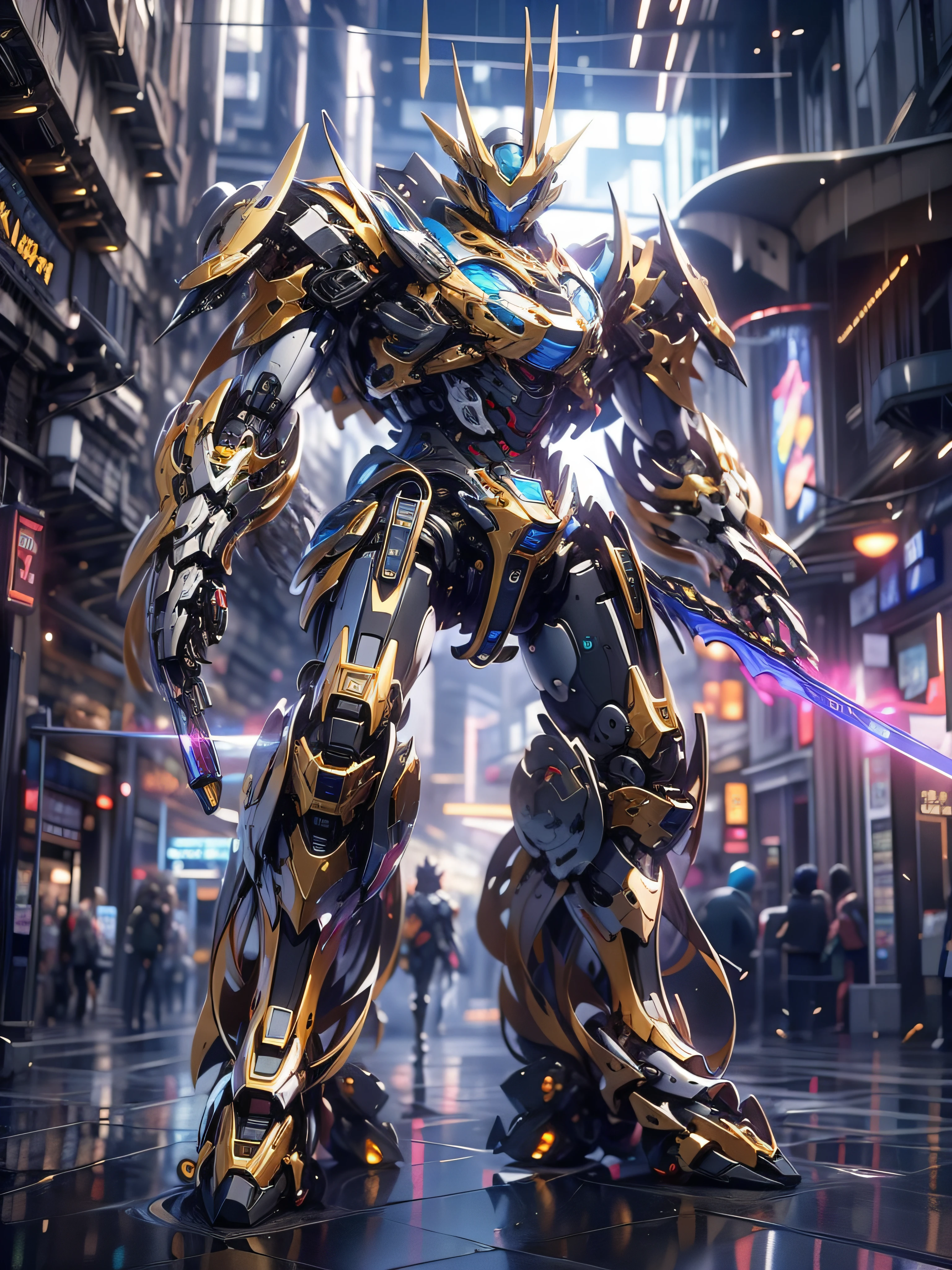 super wide shot, Full body frontal photo, (Masterpiece) ， The best quality， High quality， （futurism：1.1）， （Mech with a sword,  Divine,  Silver and gold，Close-up of real faces）， 电影灯光， （Exquisite future）， Beautiful and beautiful， Ultra detailed， great composition， Floating， Depth of field， （Very detailed CG，Unity 8k壁纸）， （Beautiful detail background）， dramatic lights， GOGETTA， Mecha，best qualtiy，超高分辨率，Photorealistic