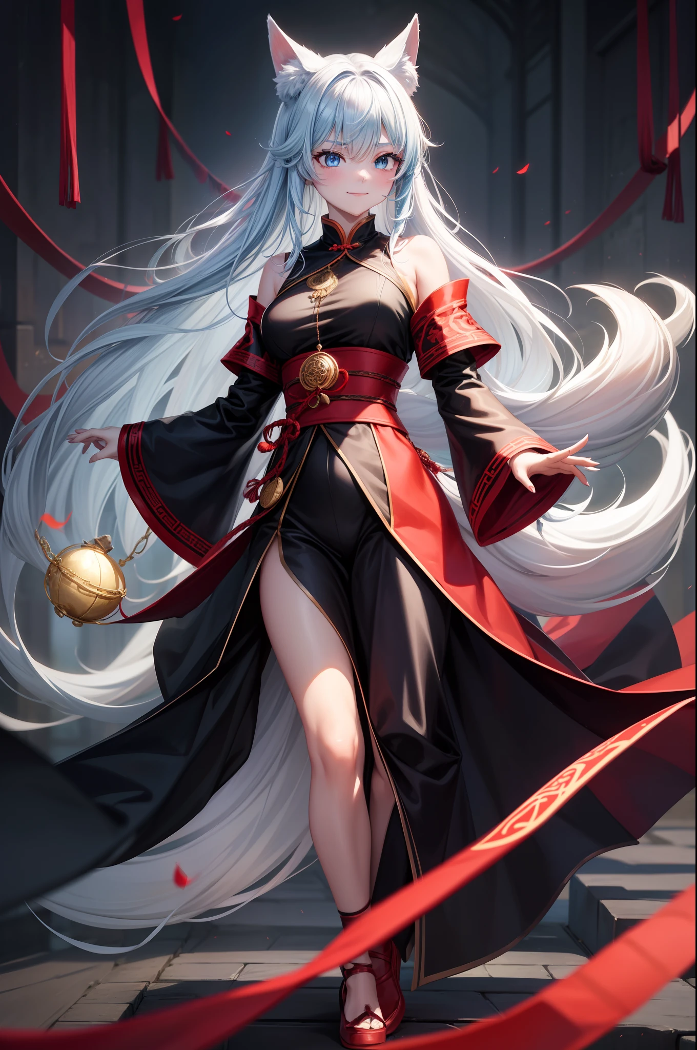 {best quality}, {{masterpiece}}, {high res},original,extremely detailed 8k wallpaper,1 girl,{an extremely delicate and beautiful}, chinese girl, charming, fox fairy, fairy, slim, (red hair),ears are sharp, red fox ears, long bangs, hair floating, long hair, large breast,fine eyebrows, the bell is on the head, eyebrows covered by bangs,ears open outwards, dropped eyes,(cyan eyes),blue eyes, nine fox tails, white fox tails, long nails, black nails, open shoulder clothes, red robe, white hairy shawl, black flat top garment, black sleeves,black clothes,black safety pants,red coat,chinese costume, black high-heeled shoes, red thread wrapped around the foot, red rope wrapped around the foot, paper symbol,red sock ring,chinese rune paper,black boat shoes,red thread on the foot,bare leg,cross one's legs, smile,ogle , proud and charming face, scheming,disdainful expression,wink, there is a little white fox in arms, sat in the air,,
