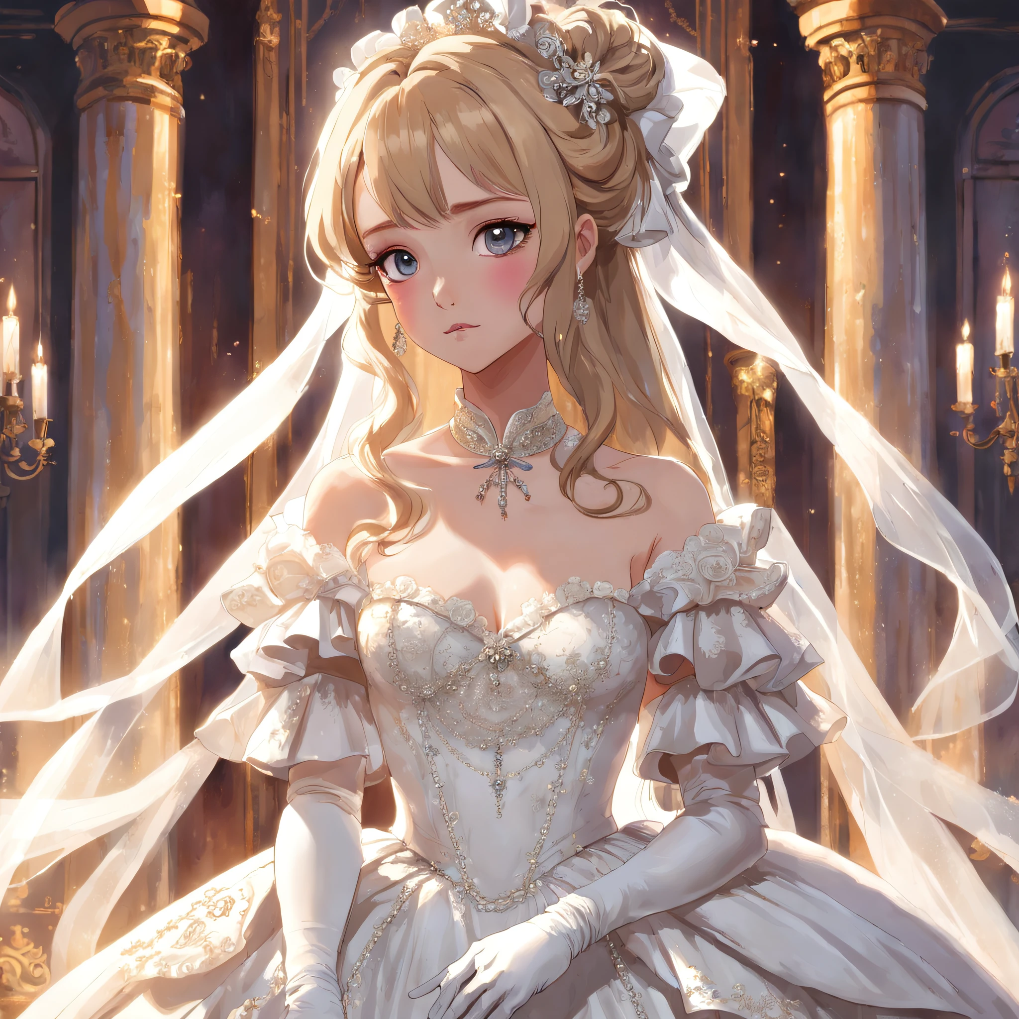 Best quality, Masterpiece, a stunningly beautiful Greer Grammer as a royal bride wearing a stately and elaborate royal wedding dress of white satin and tulle adorned with huge ribbon bows, lace, frills, flounces, embroidery and jewels, with enormous puffed sleeves, an hourglass waist and a voluminous crinoline hoopskirt, bustle, and train, long white gloves, pearl necklace and earrings, elaborately curled and styled hair