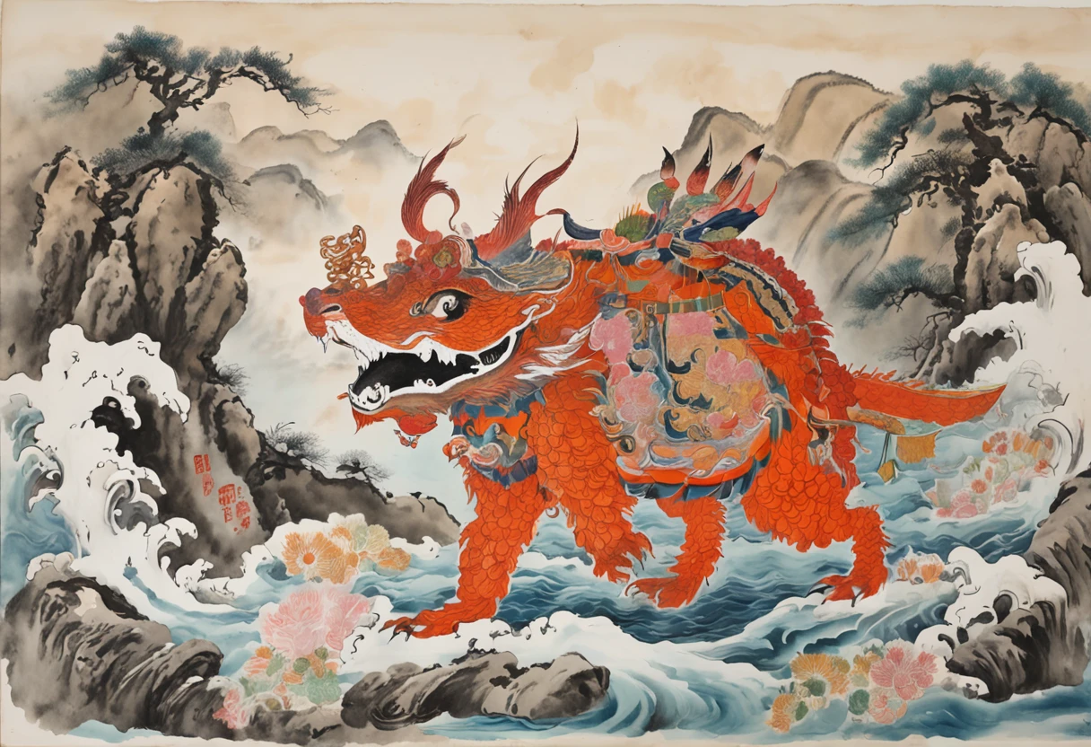 (anthropomorphic turtle:1.5), ink and watercolor painting,  (Chinese white female fox demon, Nine huge fox tails, In the middle), White background, scenery, ink, Mountains, water, green trees, Oriental elements, Traditional Chinese color scheme, ( Clear lines,  movie light effect) Edo period Katsushika Hokusai ukiyo-e Plane composition