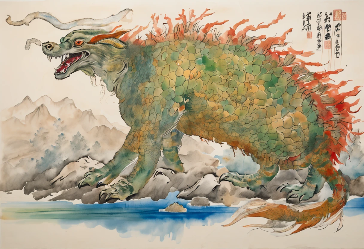(anthropomorphic turtle:1.5), ink and watercolor painting, (Chinese white female fox demon, Nine huge fox tails, In the middle), White background, scenery, ink, Mountains, water, green trees, Oriental elements, Traditional Chinese color scheme, ( Clear lines, movie light effect) Edo period Katsushika Hokusai ukiyo-e Plane composition