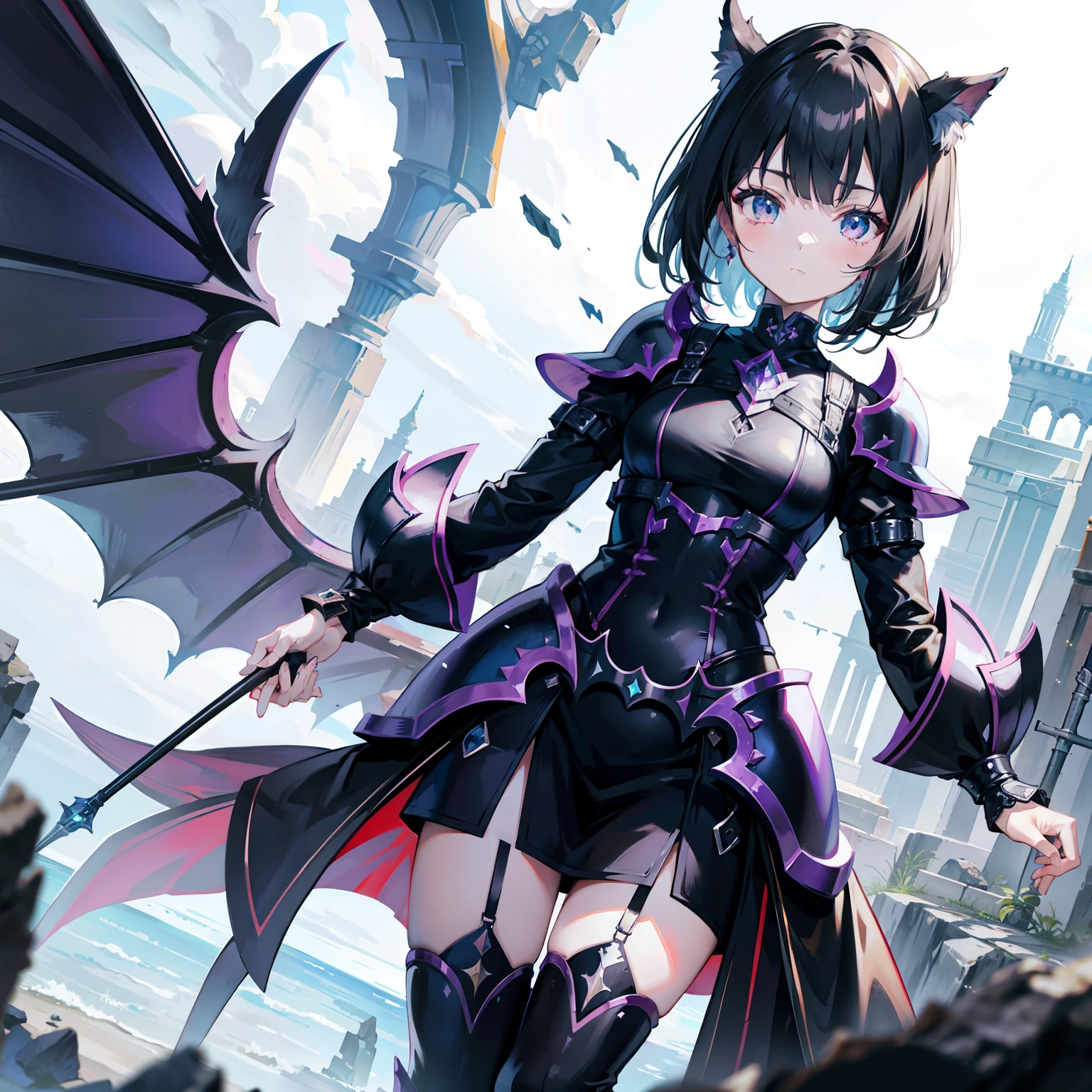 Wearing shiny Morven armor,Harness the behemoth of the ancient flood,It is an alien general with black hair,She is also a cute and cute little sister