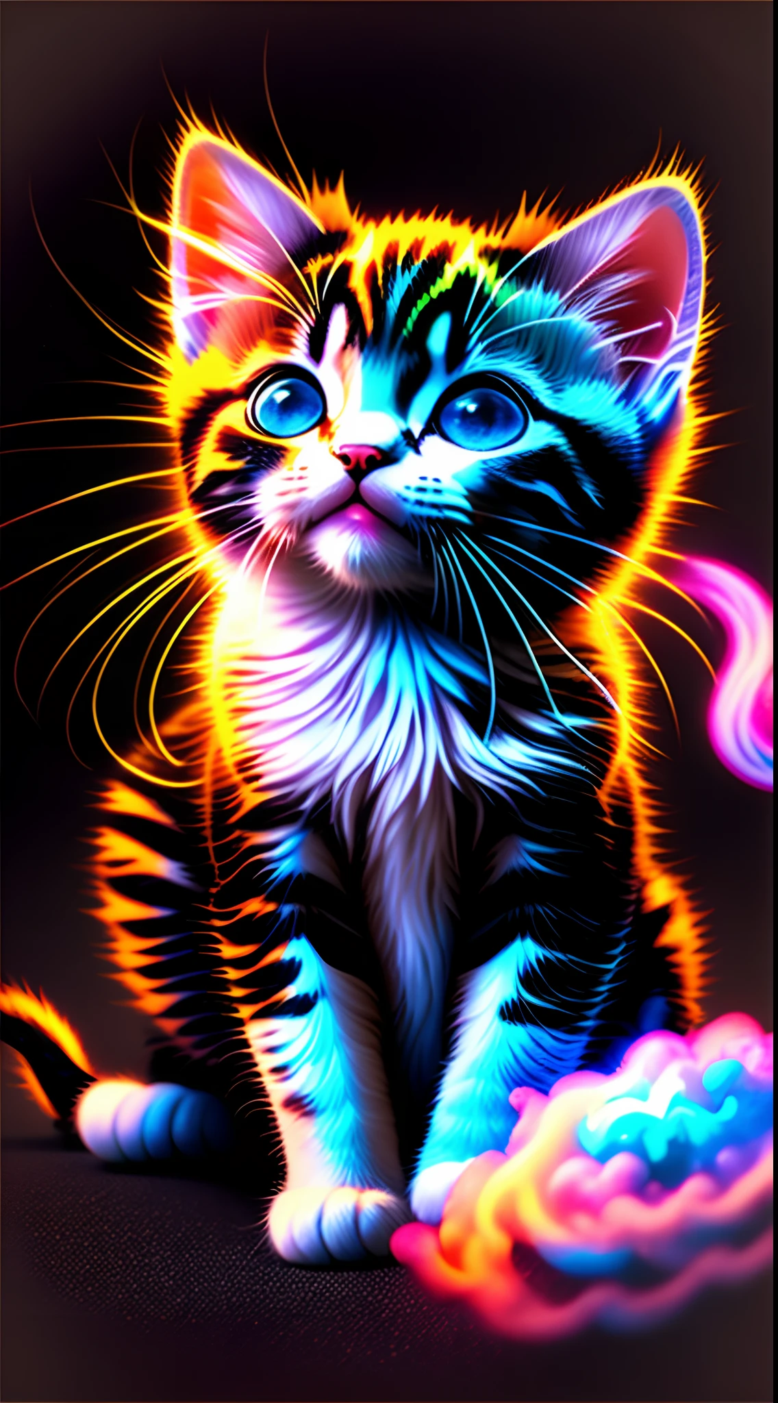 Picture of a colored kitten on a black background, Breathtaking visualization, within a radiant connection, вдохновленная Kinuko Y. craft, magical elements, kitten icon, wow, is beautiful, throws a multi-colored spell, bright flash, The Flash. 16k