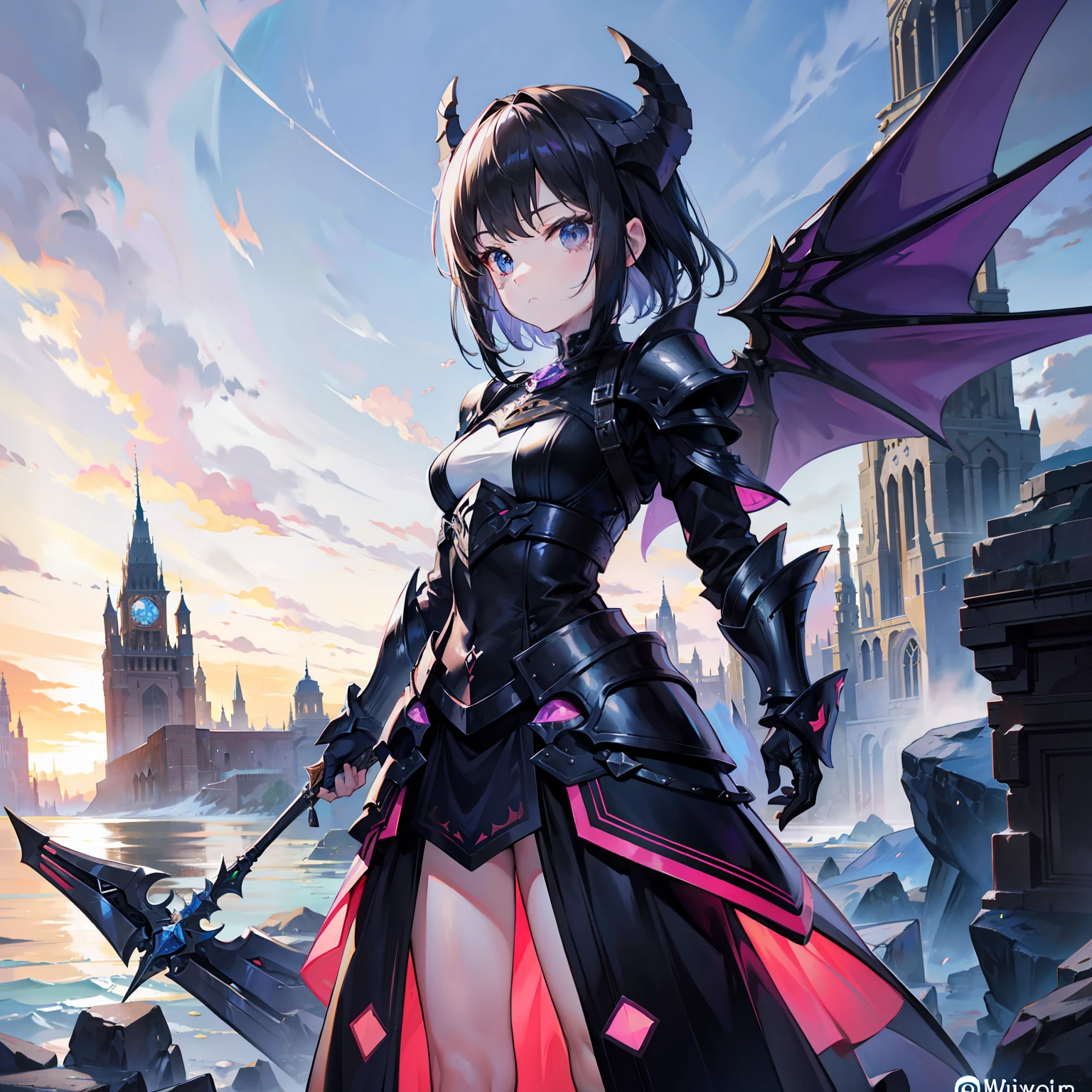 Wearing shiny Morven armor，Harness the behemoth of the ancient flood，It is an alien general with black hair，She is also a cute and cute little sister