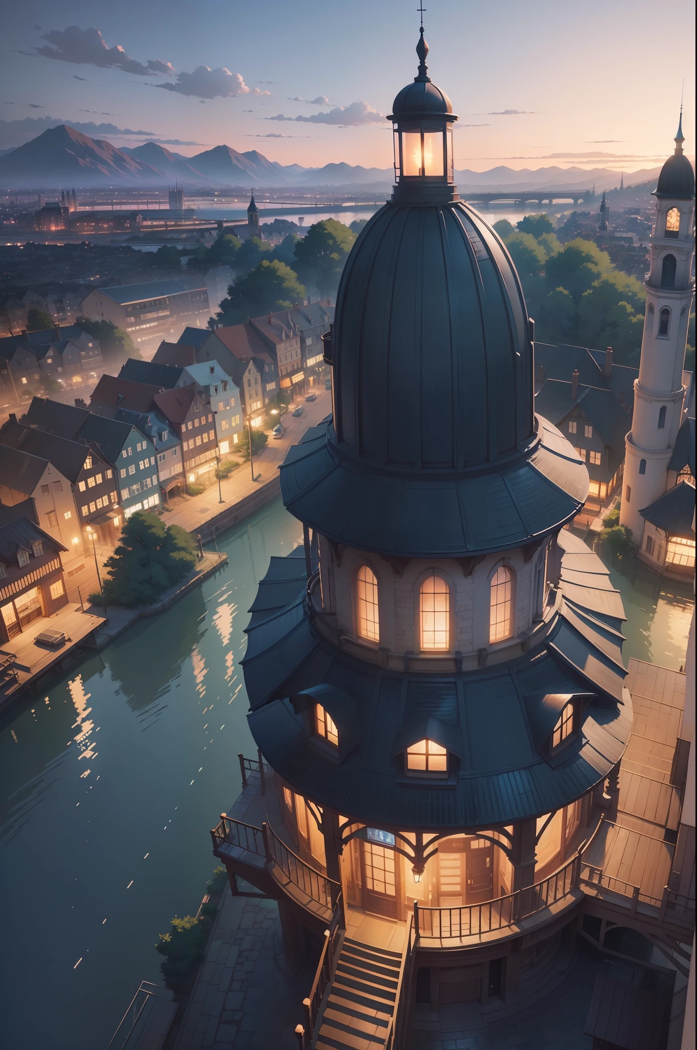 There is a large bell tower on the pole by the river, Beautiful cityscape, Makoto Shinkai's style, town background, beautiful anime scenes, beautiful anime scenery, ( ( Makoto Shinkai ) ), beautiful iphone wallpaper, in the style of makoto shinkai, amazing wallpapers, Anime background art, Anime landscapes, anime style cityscape