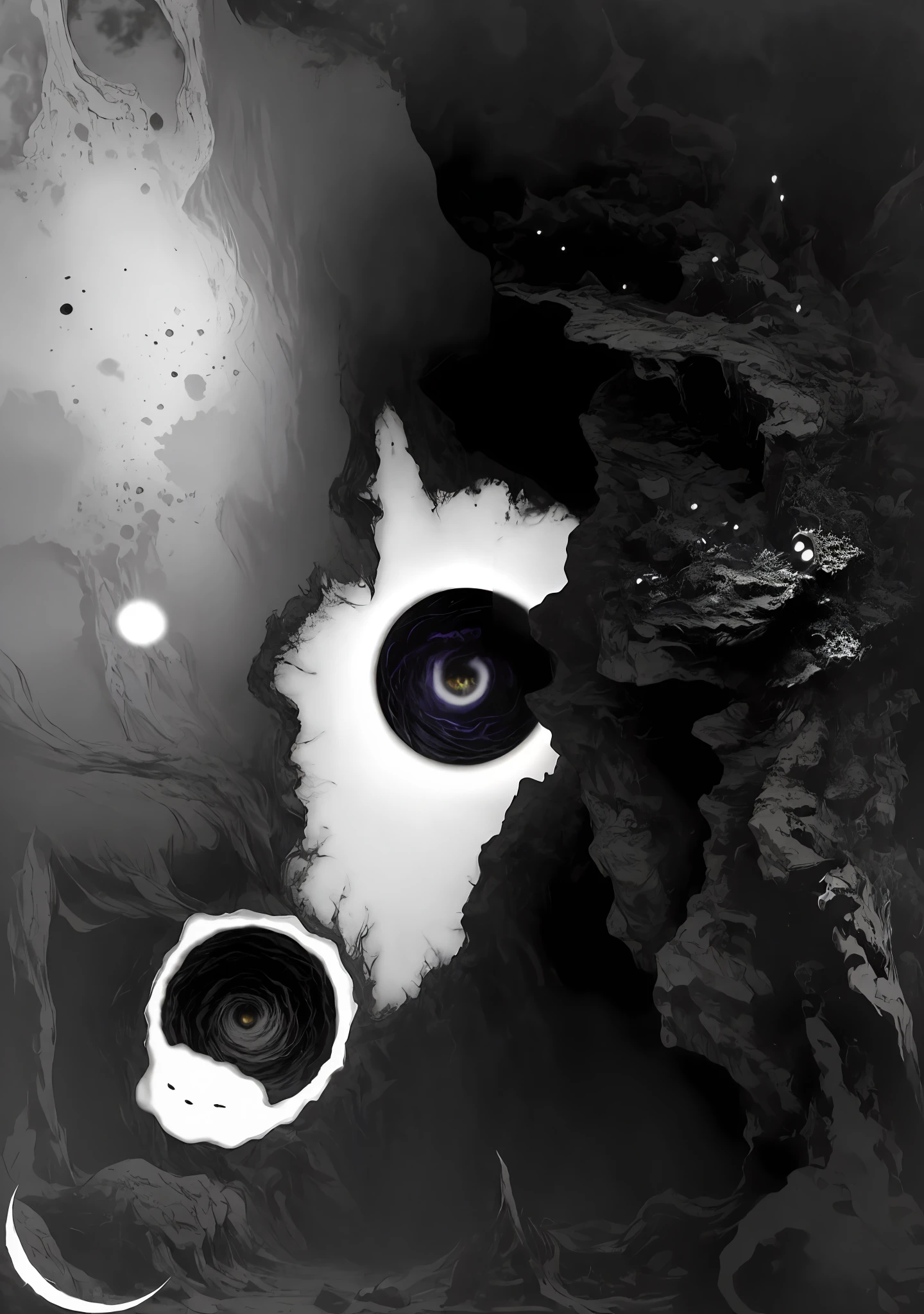 Has two white and black eyes, surreal tears from the moon, abstract holescape, mandelbulb. Black and white,, digital art 4k unsettling, inspired by Chris Friel, Aqua Eye, author:Chris Freer, Nicolas Delort, Scary eyes,On the right is a black cracked black rock,There is no pure black pure white,Scary atmosphere,Atmosphere of death