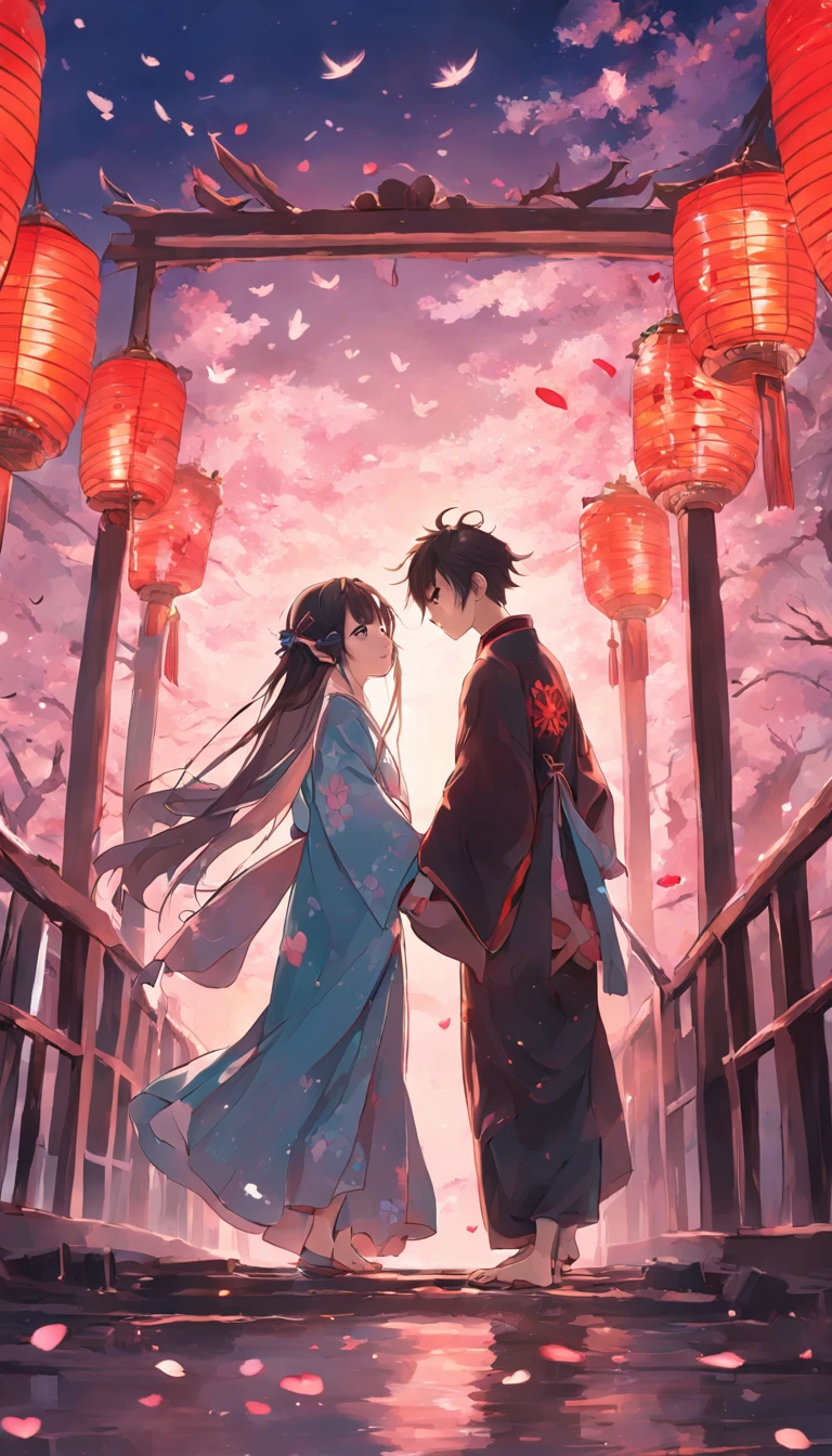 （1boys）， （1girll）In a romantic atmosphere，Couple in Hanfu hugging，Stroll through the Sea of Roses，Under the blue sky and white clouds，Feel the romantic theme of Valentine's Day。nigh sky，Kongming Lantern，Fireworks wooden bridge， magpie， Clouds， Skysky， themoon， the night， wide wide shot， ，Hanfu，long whitr hair， sideface， Eye contact， take hand， The light from the back window is backlighted， The light from the back window is backlighted， flying petal， ， BREAK BREAK BREAK， SFW， （tmasterpiece：1，2）， best qualityer， tmasterpiece， A high resolution， Original， extremelydetailedwallpaper， perfect litthing， （VerydetailedCG：1.2），