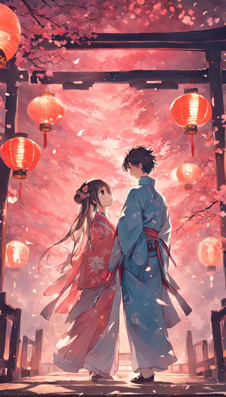 （1boys）， （1girll）In a romantic atmosphere，Couple in Hanfu hugging，Stroll through the Sea of Roses，Under the blue sky and white clouds，Feel the romantic theme of Valentine's Day。nigh sky，Kongming Lantern，Fireworks wooden bridge， magpie， Clouds， Skysky， themoon， the night， wide wide shot， ，Hanfu，long whitr hair， sideface， Eye contact， take hand， The light from the back window is backlighted， The light from the back window is backlighted， flying petal， ， BREAK BREAK BREAK， SFW， （tmasterpiece：1，2）， best qualityer， tmasterpiece， A high resolution， Original， extremelydetailedwallpaper， perfect litthing， （VerydetailedCG：1.2），
