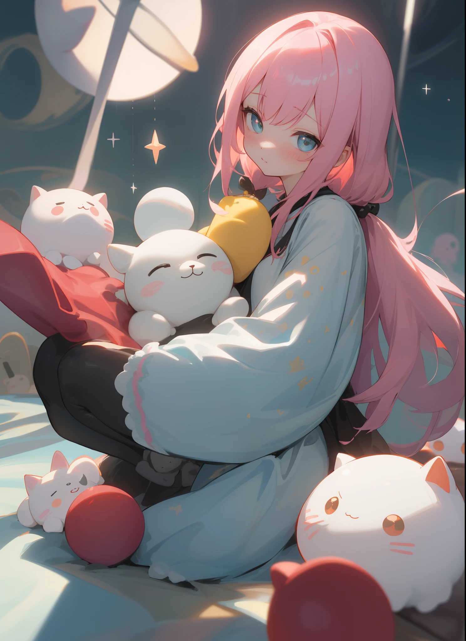 Curvaceous but slender、(beautifully detailed eyes:1.1)、(((in 8K, Raw photo, Best Quality))), Her eyes shone like dreamy stars(radiant eyes:1.233)、超A high resolution, ultra-detailliert, Illustration, (anthwve style: 1) (nvinkpunk: 0.7) 、High Details、foco nítido、natural soft light、Subsurface scattering、F2、35mm、red blush、Wide variety of toys、World of toys、Surrounded by countless toys、The one who controls the toy、tinplate、human - shaped、figurine、plastic model、plushies、Mofumofu、silky、fluffy、cutie、magia、The King's Room、royal family、Backgrounds with depth、colourfull、Light shining、