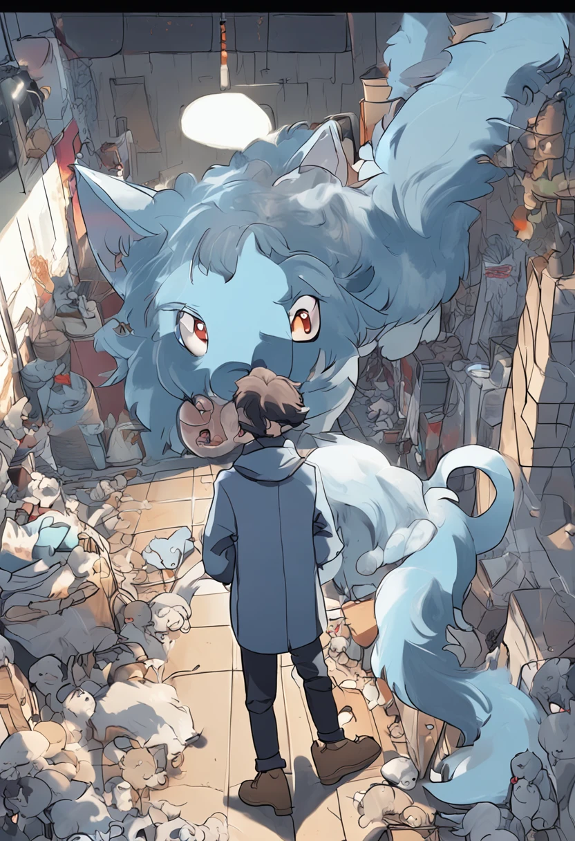 eyes with brightness, in a panoramic view, Character focus.(detailedbackground:0.7), 独奏, shaggy, shaggy male, malefocus, anthr,(Full Body Furry, Fluffy tail, Blue fur, .blue color eyes, Gray hair:1.2), (canid、wind coat：1.2），（interiors、In the daytime、Sea of rape flowers：1.1）