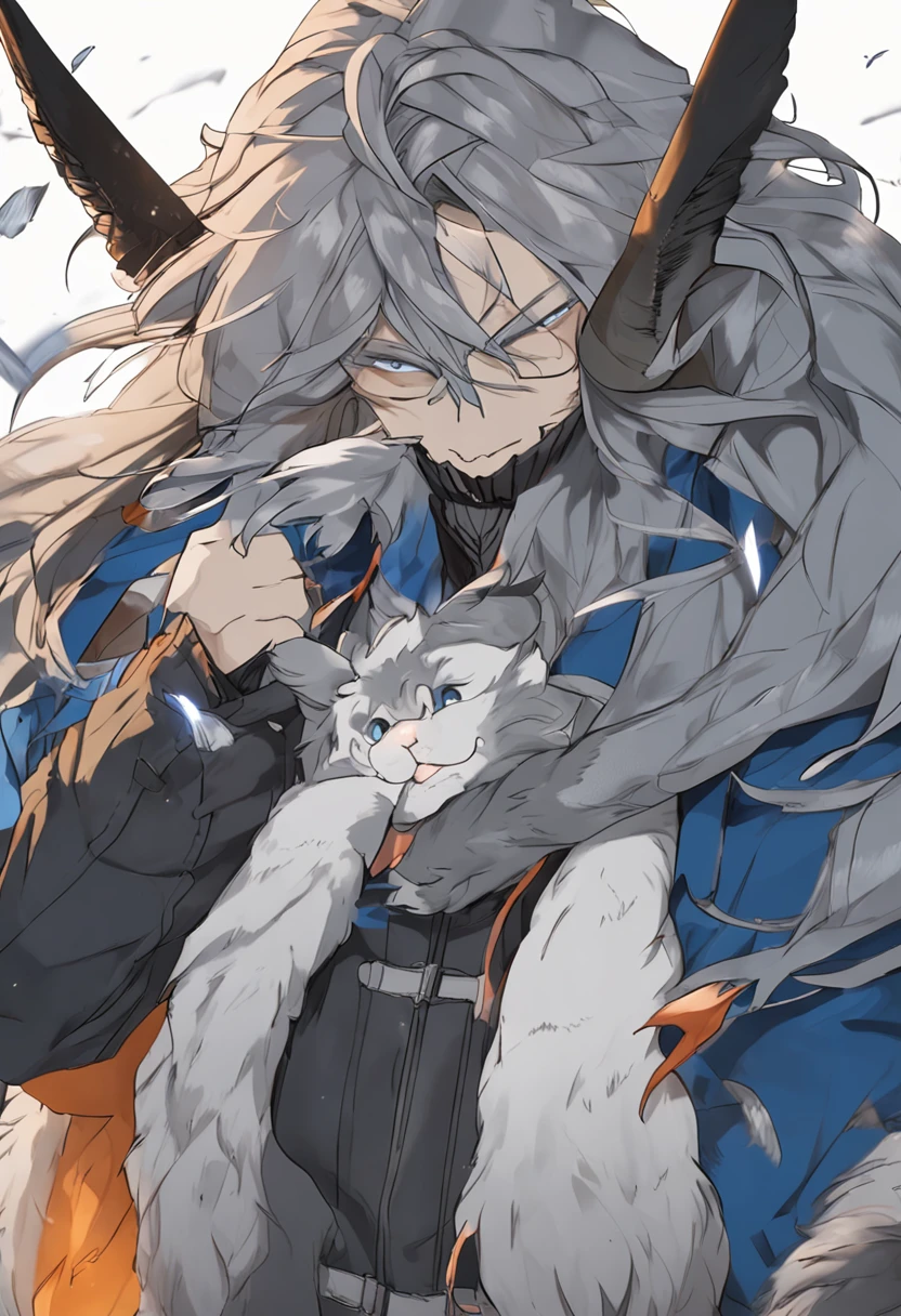 eyes with brightness, in a panoramic view, Character focus.(detailedbackground:0.7), 独奏, shaggy, shaggy male, malefocus, anthr,(Full Body Furry, Fluffy tail, Blue fur, .blue color eyes, Gray hair:1.2), (canid、wind coat:1.2),(interiors、In the daytime、Sea of rape flowers:1.1)