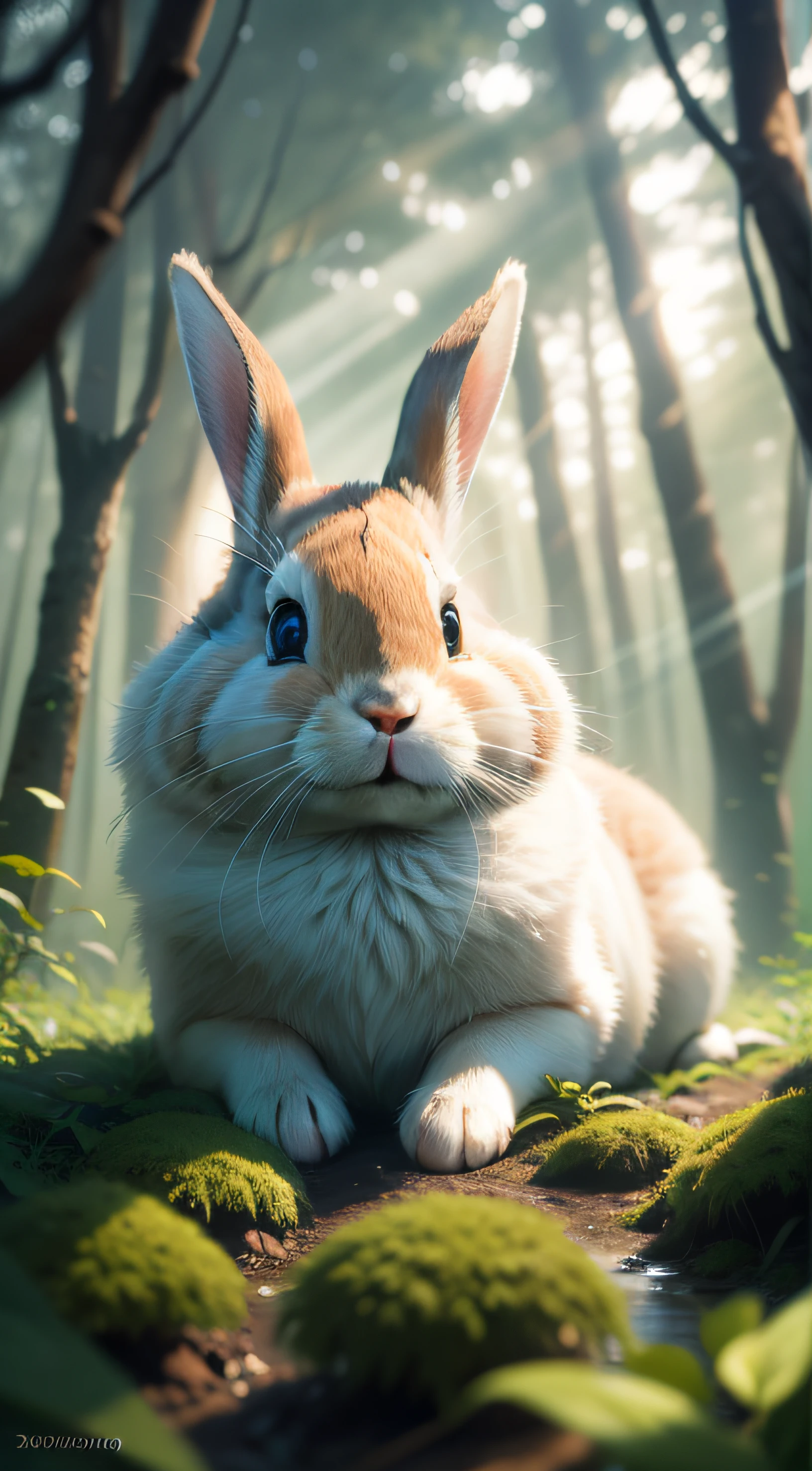 Close-up photo of a rabbit lying in sunny forest，Overhead viewing，clean backdrop，depth of fields，largeaperture，photography of，volume fog，Halo，blooms，Dramatic atmosphere，at centre，the rule of thirds，200 mm 1.4F macro shooting