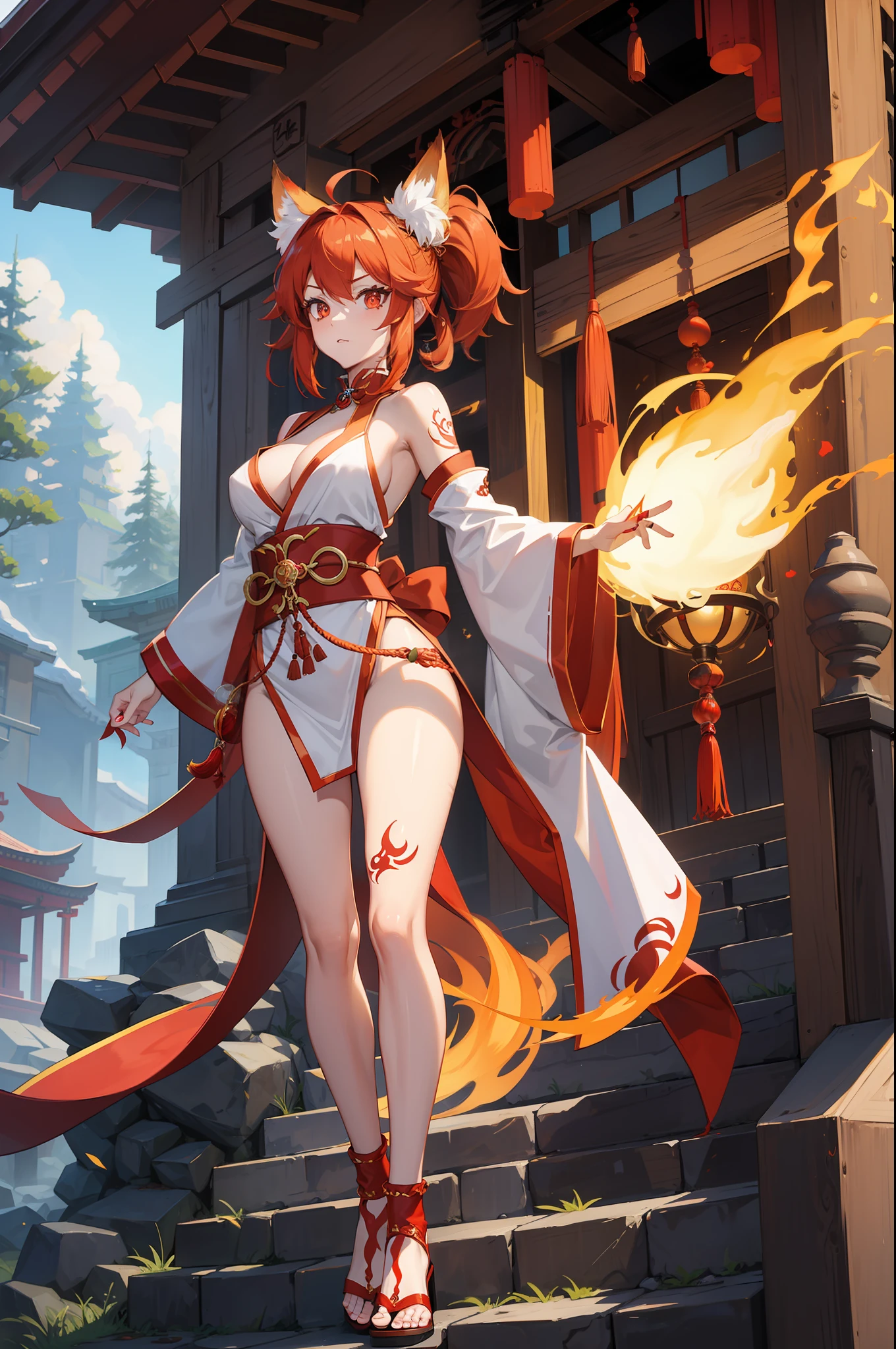 fire fox with nine tails in shrine outfit, perfect body shape, fire aura, fierce bright red pupil, croatch tattoo, talisme