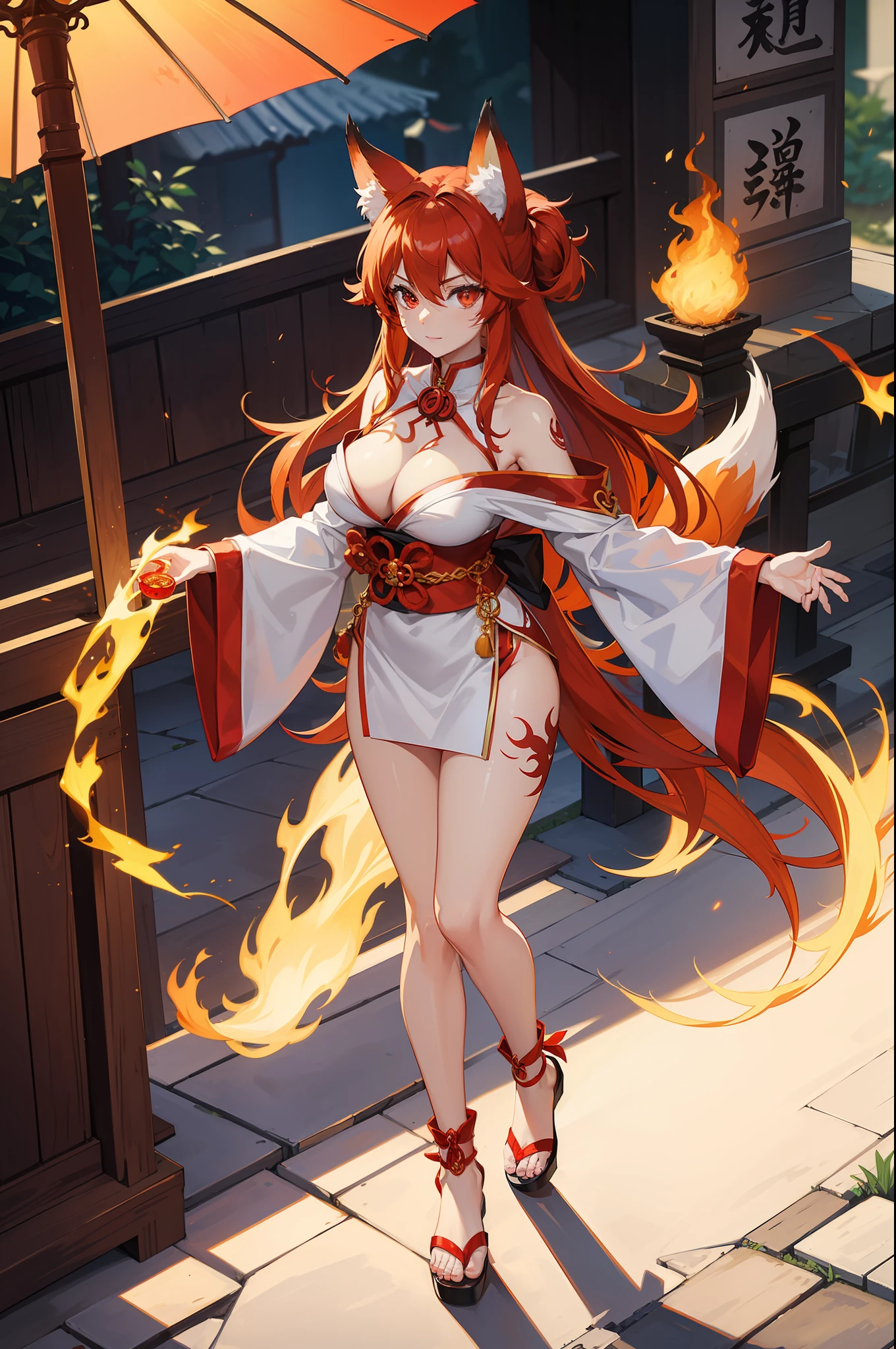 fire fox with nine tails in shrine outfit, perfect body shape, fire aura, fierce bright red pupil, croatch tattoo, talisme