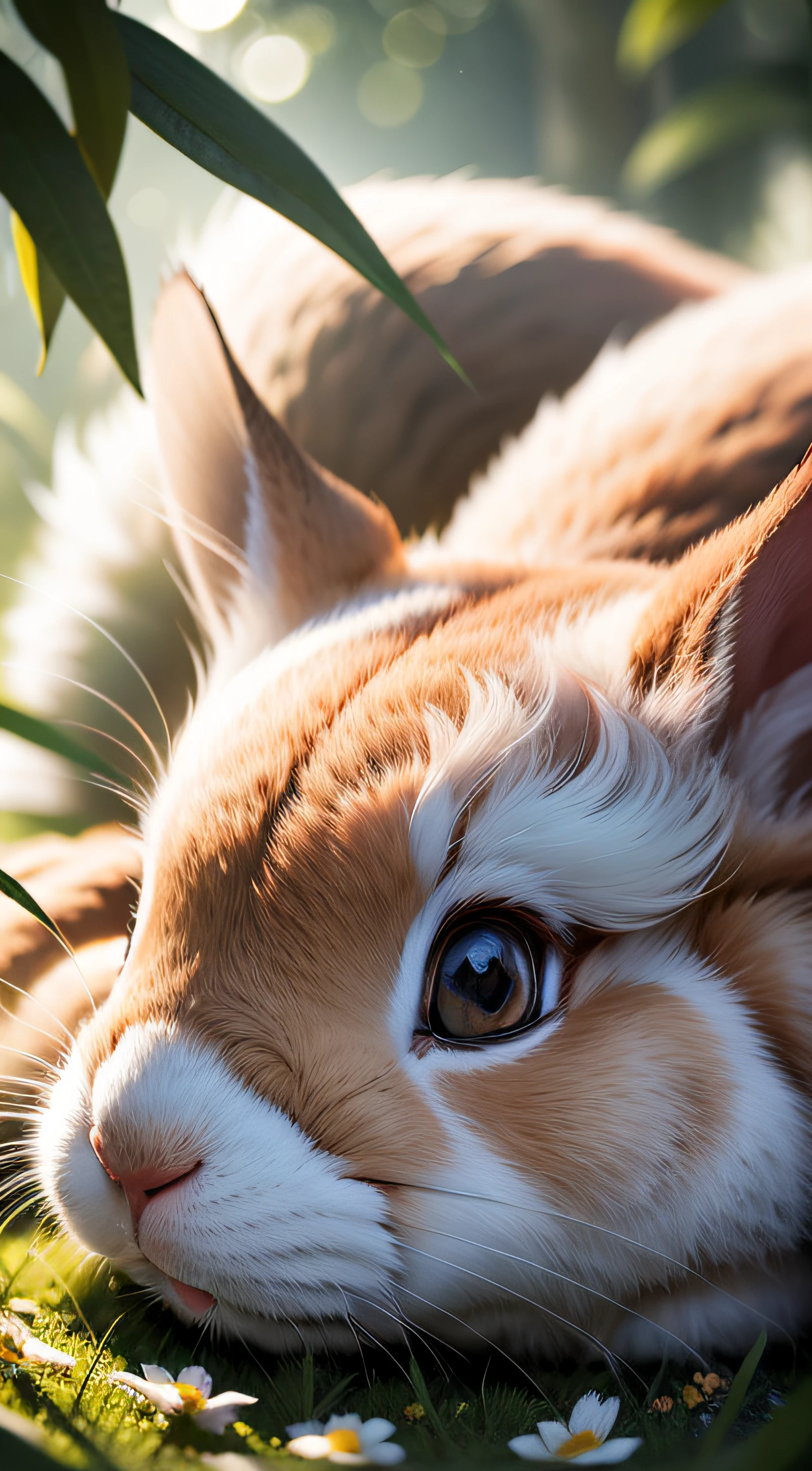 Close-up photo of a rabbit lying in sunny forest，Overhead viewing，clean backdrop，depth of fields，largeaperture，photography of，volume fog，Halo，blooms，Dramatic atmosphere，at centre，the rule of thirds，200 mm 1.4F macro shooting