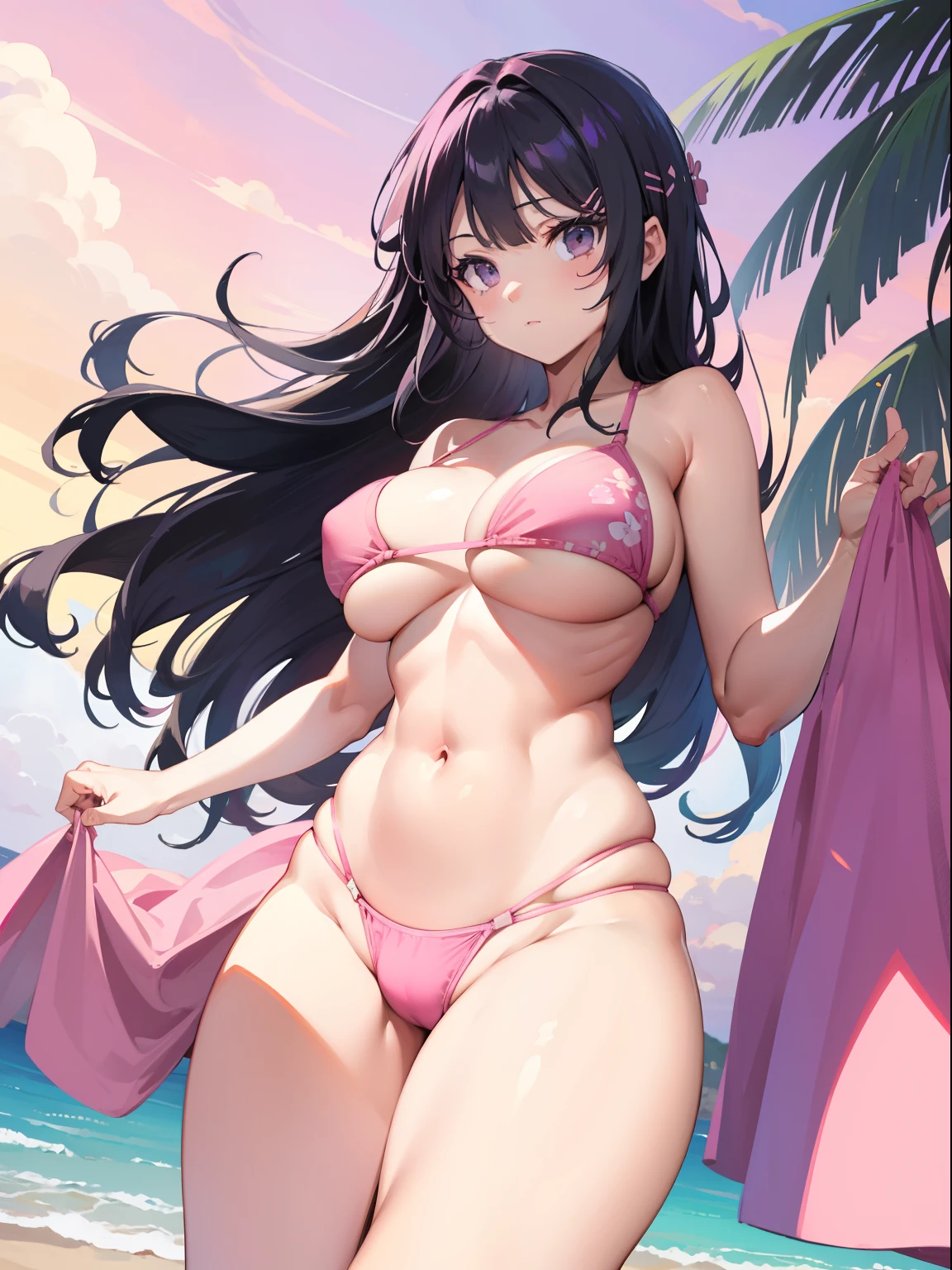 Pink bikini, visible crotch, sunlight, black long hair, purple eyes, chubby curvy body, medium-large breast ,wide legs, visible crotch,(( open legs)), hands outside of frame ,beach background, pink sky, bikini with patterns,
