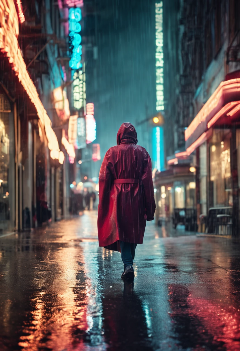 heavy rain, almost dark, walking through modern city, coat wrapped tightly around, 40 yr old woman walks alone