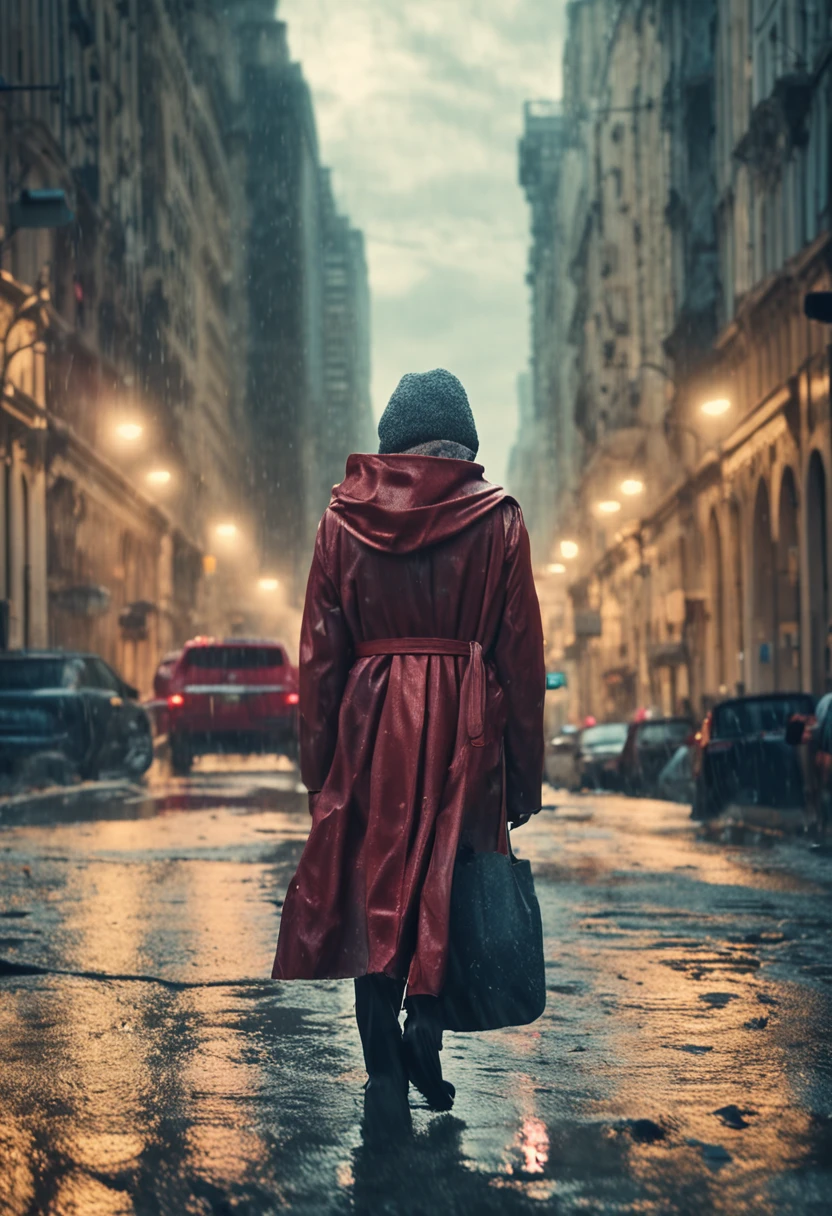 heavy rain, almost dark, walking through modern city, coat wrapped tightly around, 40 yr old woman walks alone