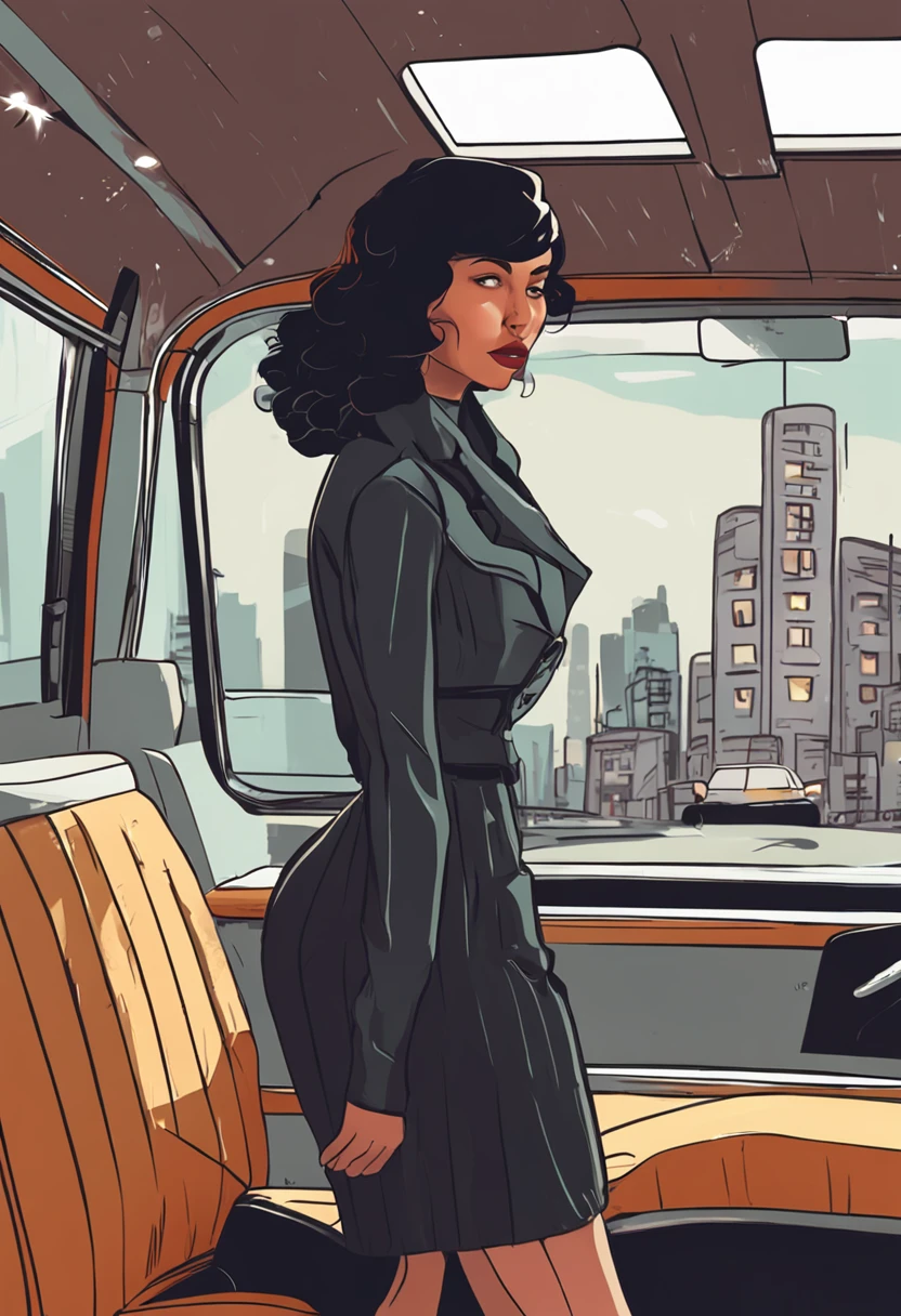 35-year-old housewife with long black hair and bangs,Tall and tall,Looks beautiful and beautiful,Wearing a pleated skirt,Wearing black stockings,Sitting in the back seat of the taxi, sad and disappointed, looking out the window