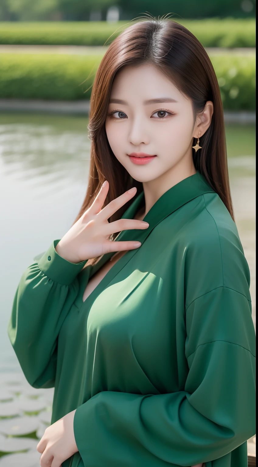 realistic photos of 1 cute Korean star, hair over one eye, white skin, thin makeup, 32 inch breasts size, wearing green long sleeves shirt, in front of the lotus pond, close-up, UHD