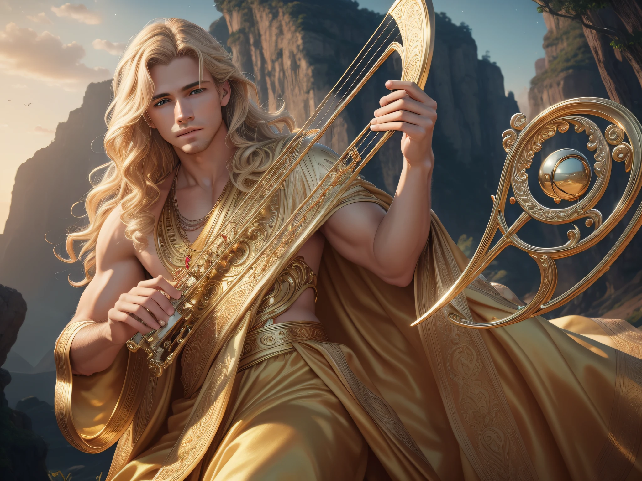 "APOLLO". Not safe for work. Realistic photo from the waist up. Beautiful, tall, young, blond man. Wavy hair in half a mane. He wears a golden silk cloth covering his body. In his hand, a small musical lyre. Celestial landscape background symbolising the Olympus of the Gods. ((masterpiece)). Professional photography, ultra-sharp focus. RAW analog photography, 80mm f2.8 lens, best quality, ultra detailed, 8k, intricate detail, minute detail, detail rendering, lifelike detail. Detailed hands, perfect eyes, detailed face.