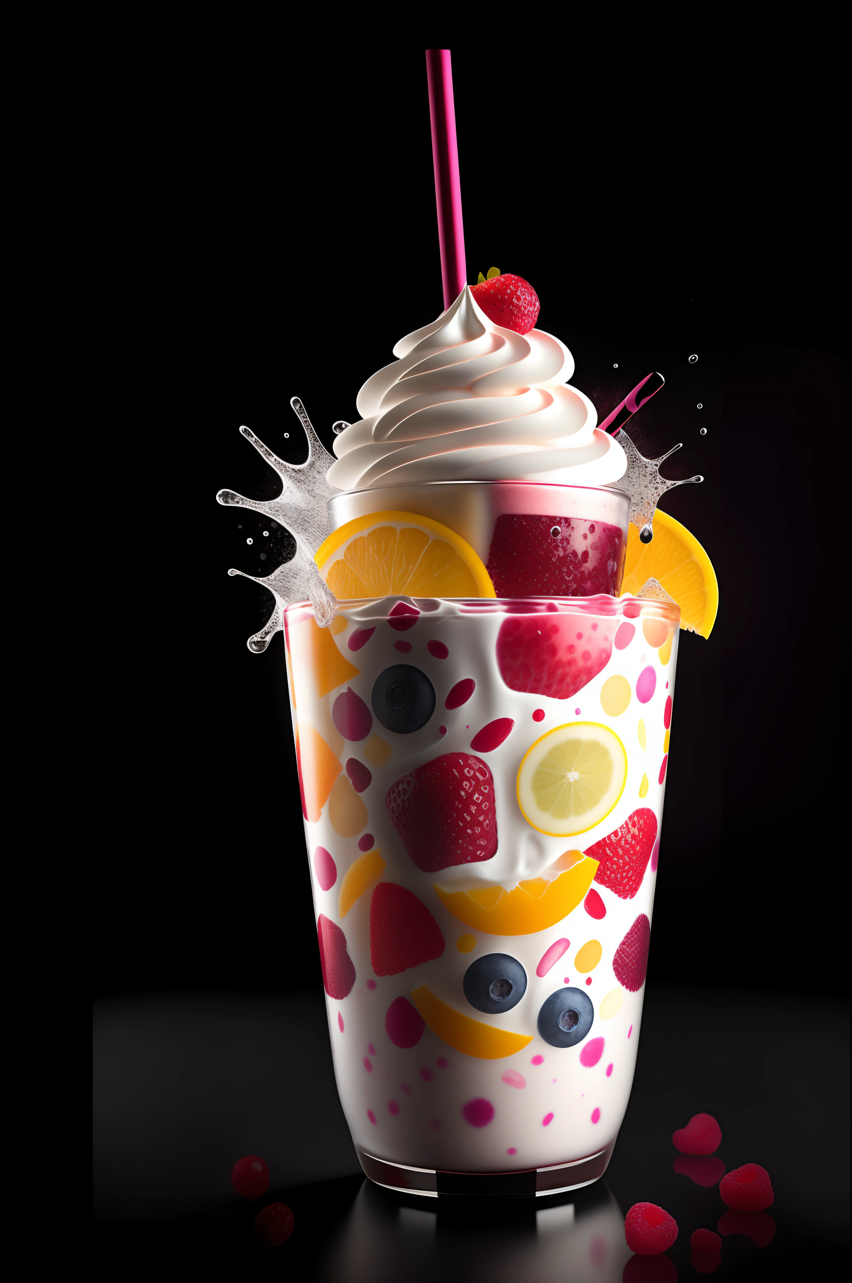 mixed fruit milkshake  hyper realistic, dramatic lighting