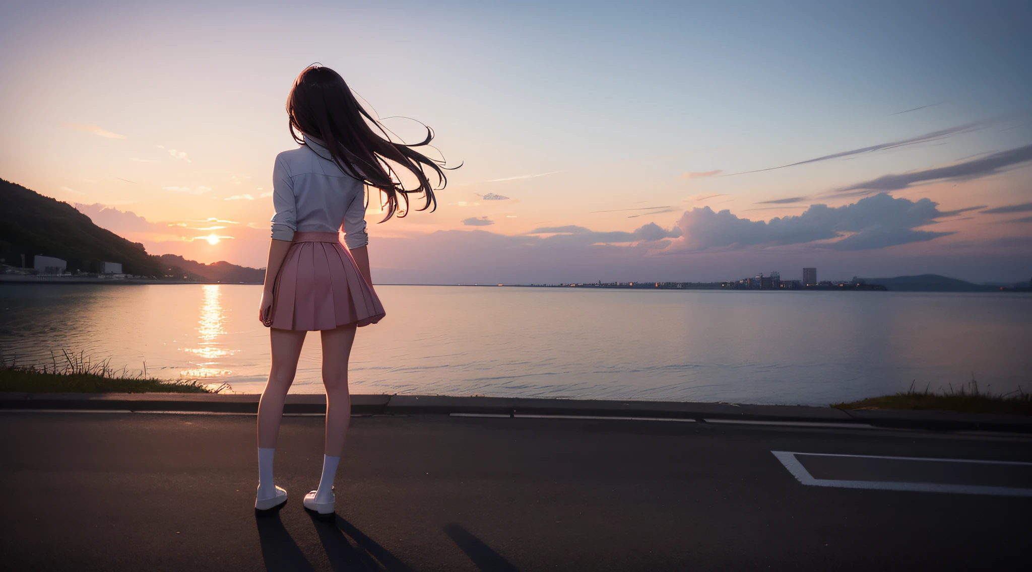 The back of a in the sunset,Short pink skirt,White shoes