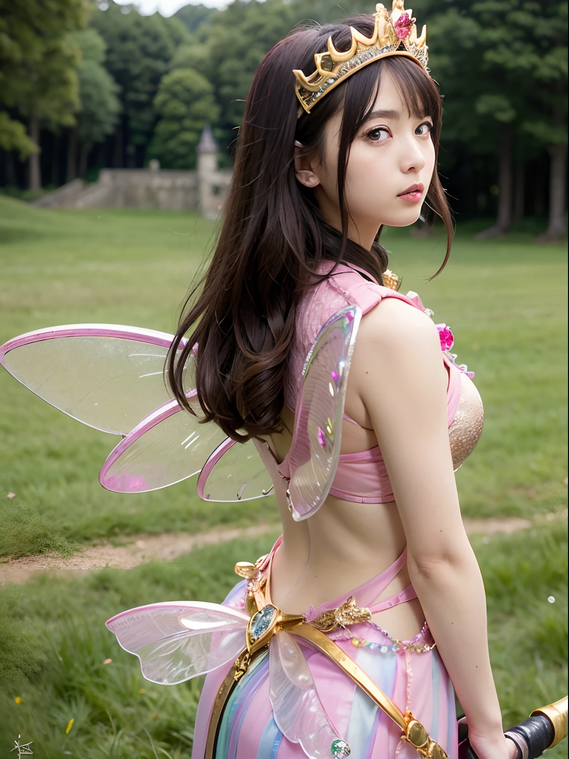 (masutepiece), Professional , ​masterpiece、top-quality、photos realistic , depth of fields （Gemstone Silver Metal Body:1.９),(Matte Pink、Jewel Gold Weapon、（Gorgeous castle background）、（ultimate beauty girl）、（Iridescent fairy wings grow on the back）、（Jewel Metal Body:1.９),Gorgeous Jewel Metal Weapons , Detailed Sword of the Brave ,（ a blond）   ,warhammer 40k , adepta sororitas,Detail and ornate jewel crown、独奏、Brown hair、（Gangle's forest background）、Beautiful Caucasian beauty、１a person、dynamic ungle,(((Diamond tiara with detail and luxury)))、a small face、Powerful poses、（Gorgeous castle background）、huge filesize、20 year old beautiful woman、Stand in the center of the screen、Thin female fingers、Straight long hair、Beautiful Caucasian beauty、Valley、Hair fluttering in the wind、