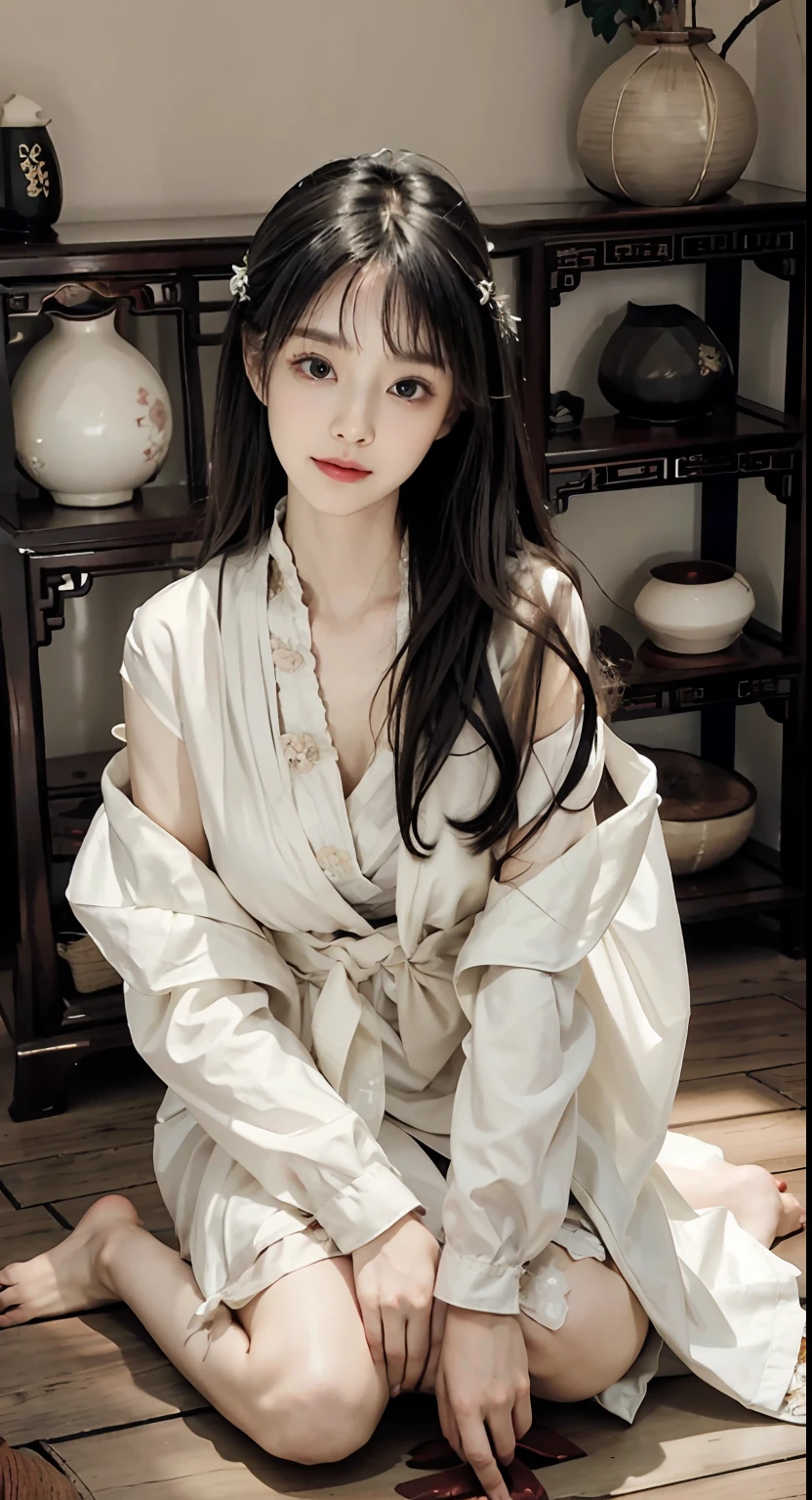 Master quality, Highest quality, Best picture quality, Exaggerated details, Young woman,The expression is shy, Slightly squinted eyes, Adjust her hair, Long eyelashes (Long hair / Very, Very exaggerated, Big tits / Petticoat dress paper towels, ), Pose and sit in front of the camera, Wet-chested Hanfu, Slim and high-waist, Silk lace, xintong chen, Chinese clothing with openings, Details breasts , the detail