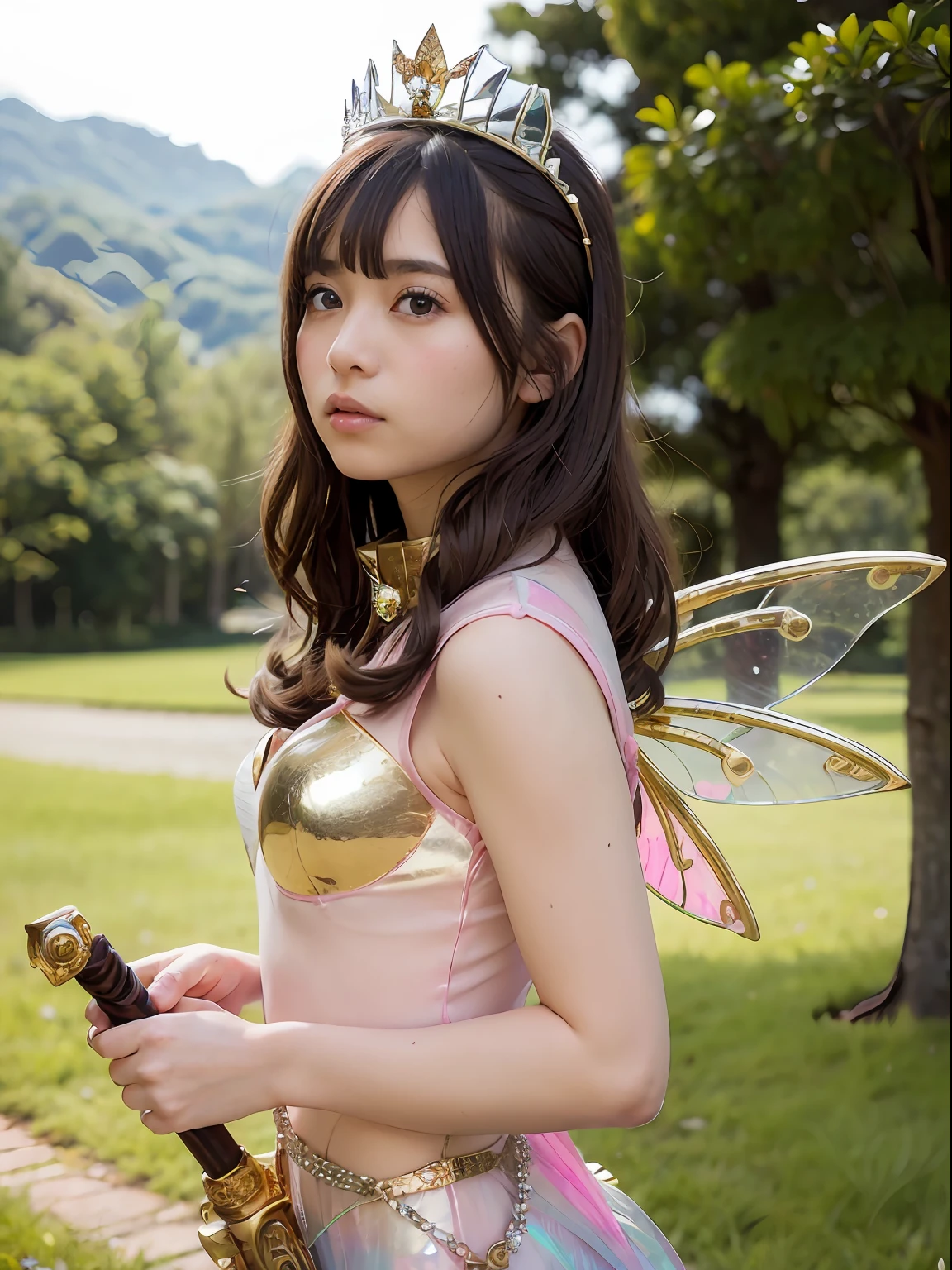 Highest quality，masterpiece，Ultra-high resolution, Very detailed, 8K，a 15 years old beautiful Japanese woman:1.5, ((Crucifixion)), Small face，((クロスにCrucifixionにされた女性:1.5, Breast Augmentation Surgery)), (Detailed pink magical girl heroine costume:1.5),　Very pleasant look、　Very detailedな臭い脇の下