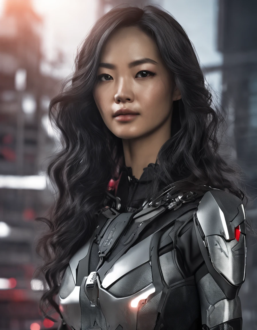 Attractive cleavage,Black color hair,a beauty girl,Asian people,of a real,Photoreal,((Security suits)),full bodyesbian, semi-open strawberry lips, dimple, wistful look, Black eyes (Very long wavy gray hair), ((Detailed face)), ((Detailed facial features)), (Fine fine skin), Fair skin and redness, ((((Deep neckline detailing high-tech cyberpunk dress)))), cyberpunk mega city environment, (Cool colors), Pondering, (Masterpiece) (perfect aspect ratio)(Realistic photo)(Best quality) (Detailed) Shot on a Canon EOS R5, 50mm lens, f/2.8, hdr, (8K) (the wallpaper) (Cinematic lighting) (Dramatic lighting) (Sharp focus) (Intricate), Original photo, posing for camera, Black jeans, back arms, 8K, Ultra HD, Digital SLR, High quality, filmgrain, Fujifilm XT3