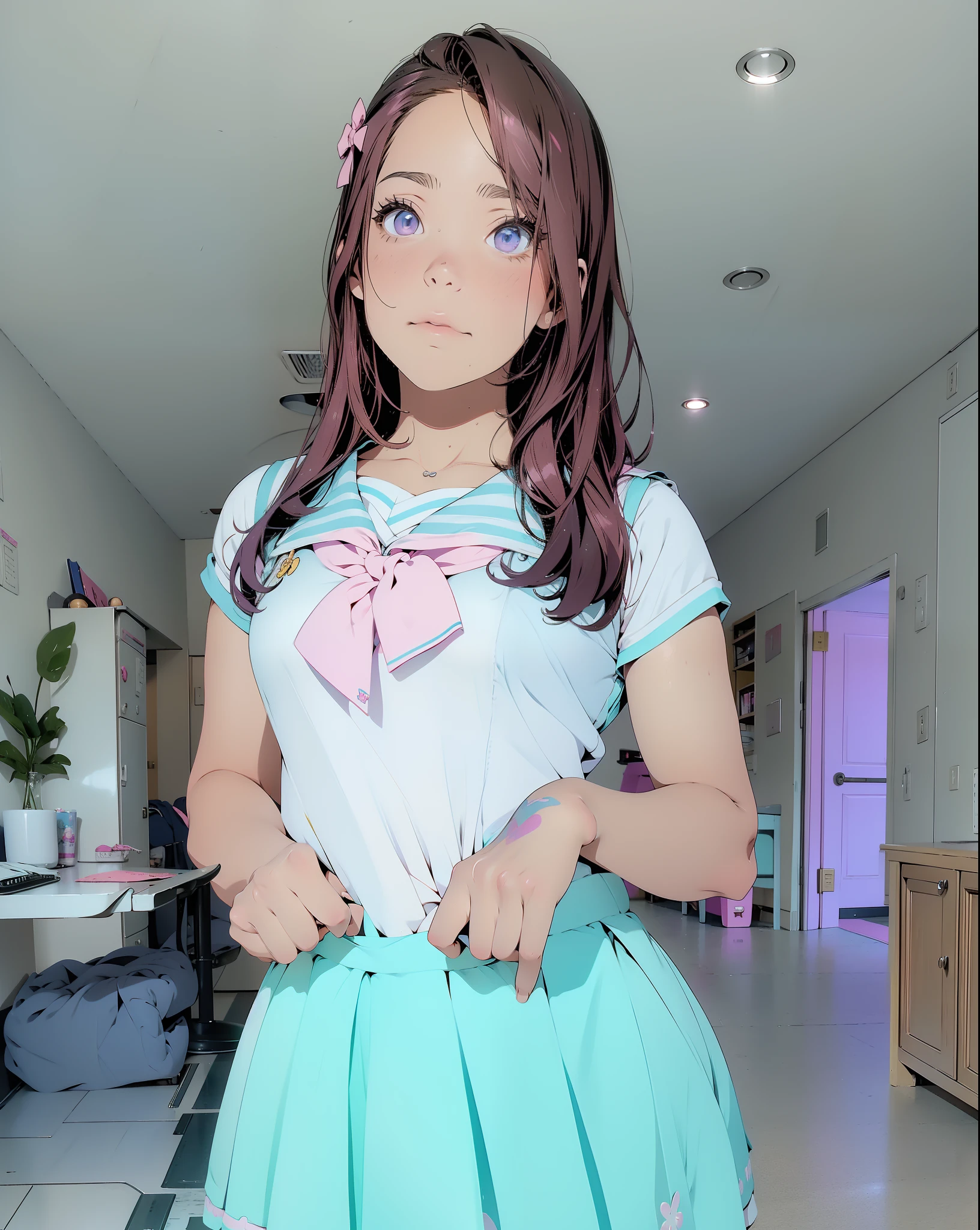 there is a woman in a dress that has a pink bow on it, belle delphine, pokimane, anime girl in real life, dressed as schoolgirl, magic school uniform, sailor uniform, amouranth, sakimichan, loli in dress, anime girl cosplay, cute schoolgirl, as an anime character, magical school student uniform
