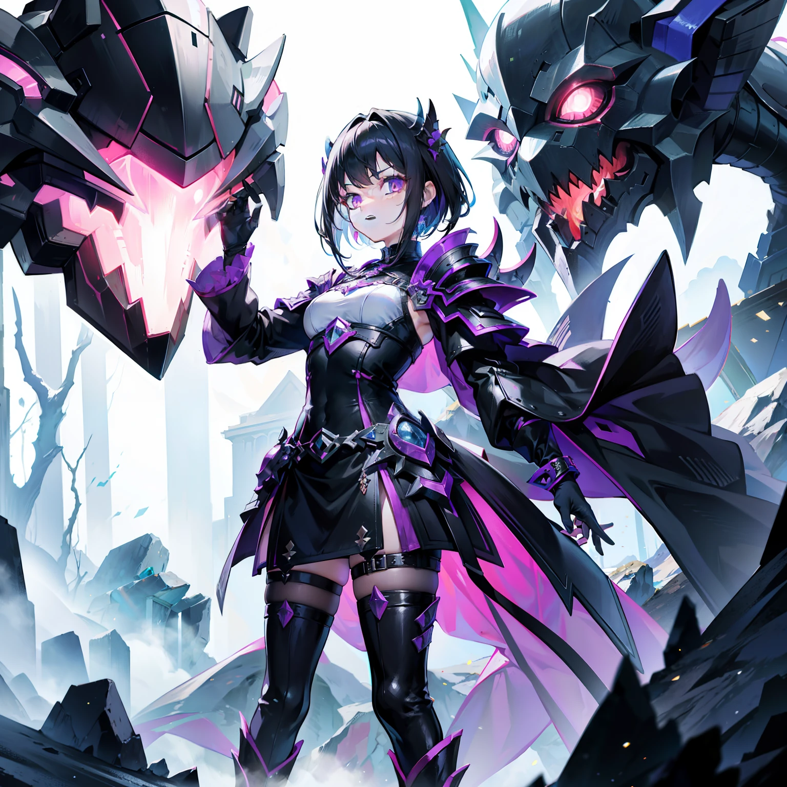 Wearing shiny Morven armor，Harness the behemoth of the ancient flood，It is an alien general with black hair，She is also a cute and cute  sister