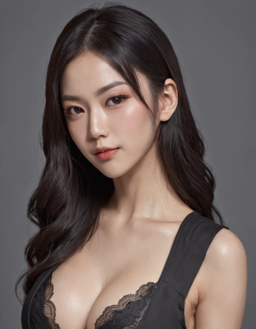 Attractive cleavage，Black color hair，a beauty girl，Asian people，of a real，Photoreal，（(Security suits)）,full bodyesbian,  semi-open strawberry lips, dimple, wistful look, Black eyes (Very long wavy gray hair), ((Detailed face)), ((Detailed facial features)), (Fine fine skin), Fair skin and redness, （(((Deep neckline detailing high-tech cyberpunk dress)))）, cyberpunk mega city environment, (Cool colors), Pondering, (Masterpiece) (perfect aspect ratio)(Realistic photo)(Best quality) (Detailed) Shot on a Canon EOS R5, 50mm lens, f/2.8, hdr, (8K) (the wallpaper) (Cinematic lighting) (Dramatic lighting) (Sharp focus) (Intricate), Original photo, posing for camera, Black jeans, back arms, 8K, Ultra HD, Digital SLR, High quality, filmgrain, Fujifilm XT3