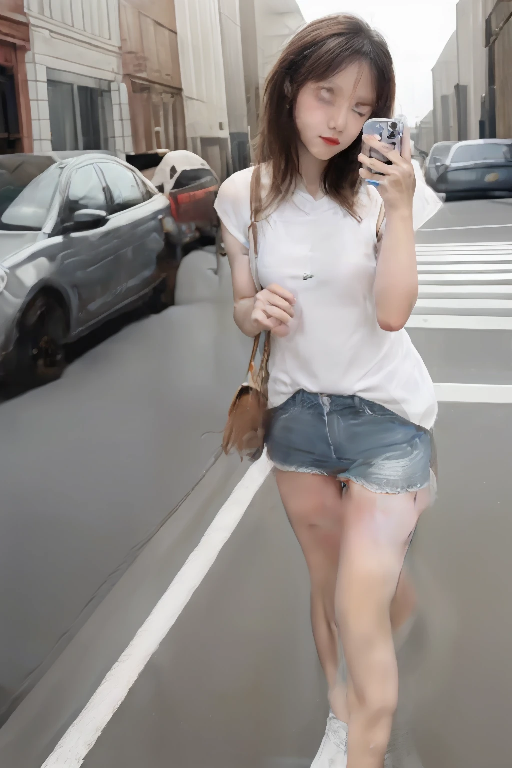 Beautiful woman, fiddling with cell phone in the middle of the street, short clothes