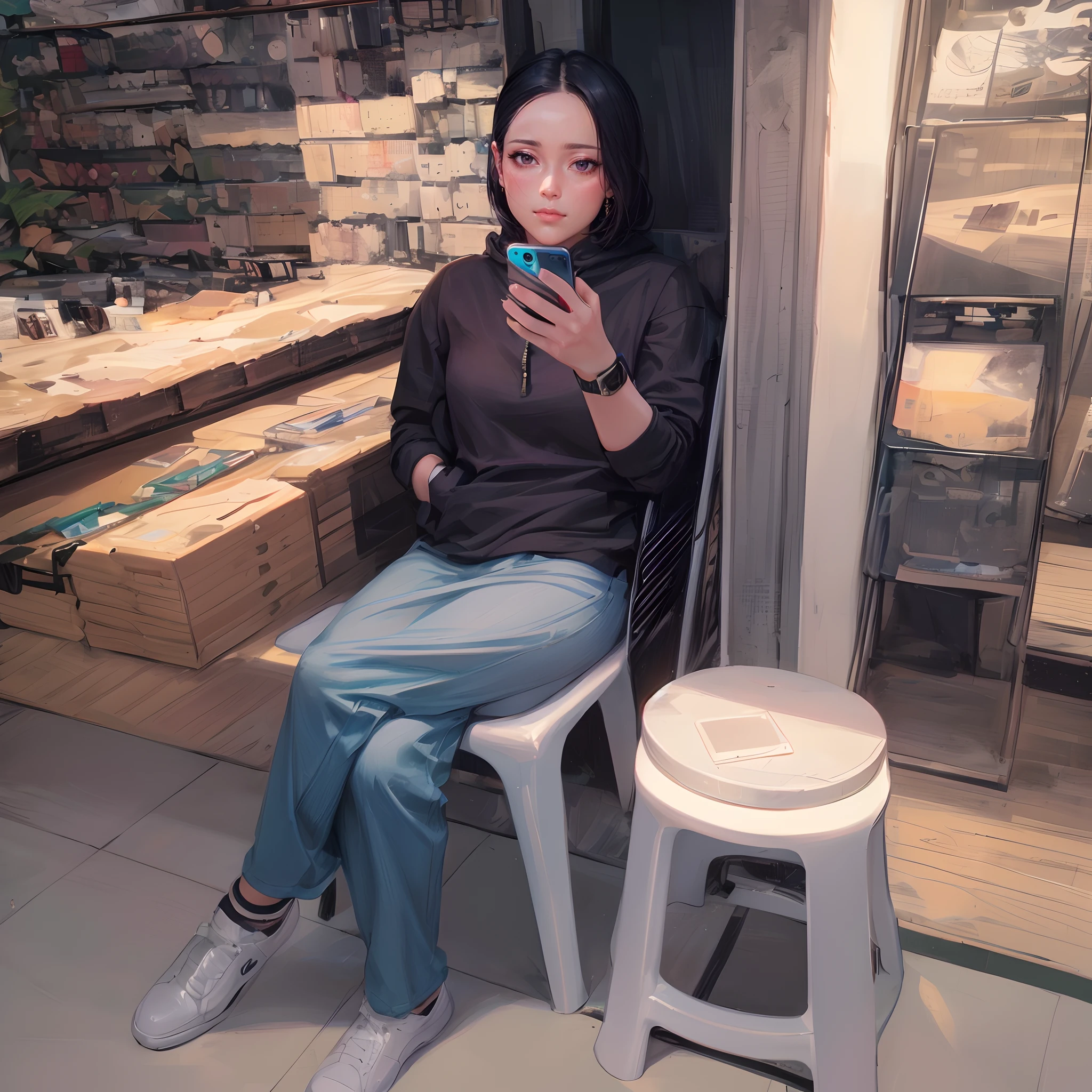 A woman sits on a chair....., Look at her phone......., drawing, by Abidin Dino, instagram, hyperrealism, Aesthetics of Vaporwave Mall, Full body cute girl, Shot in Go Pro Hero8,(masterpiece,bestquality,high-res:1.3),