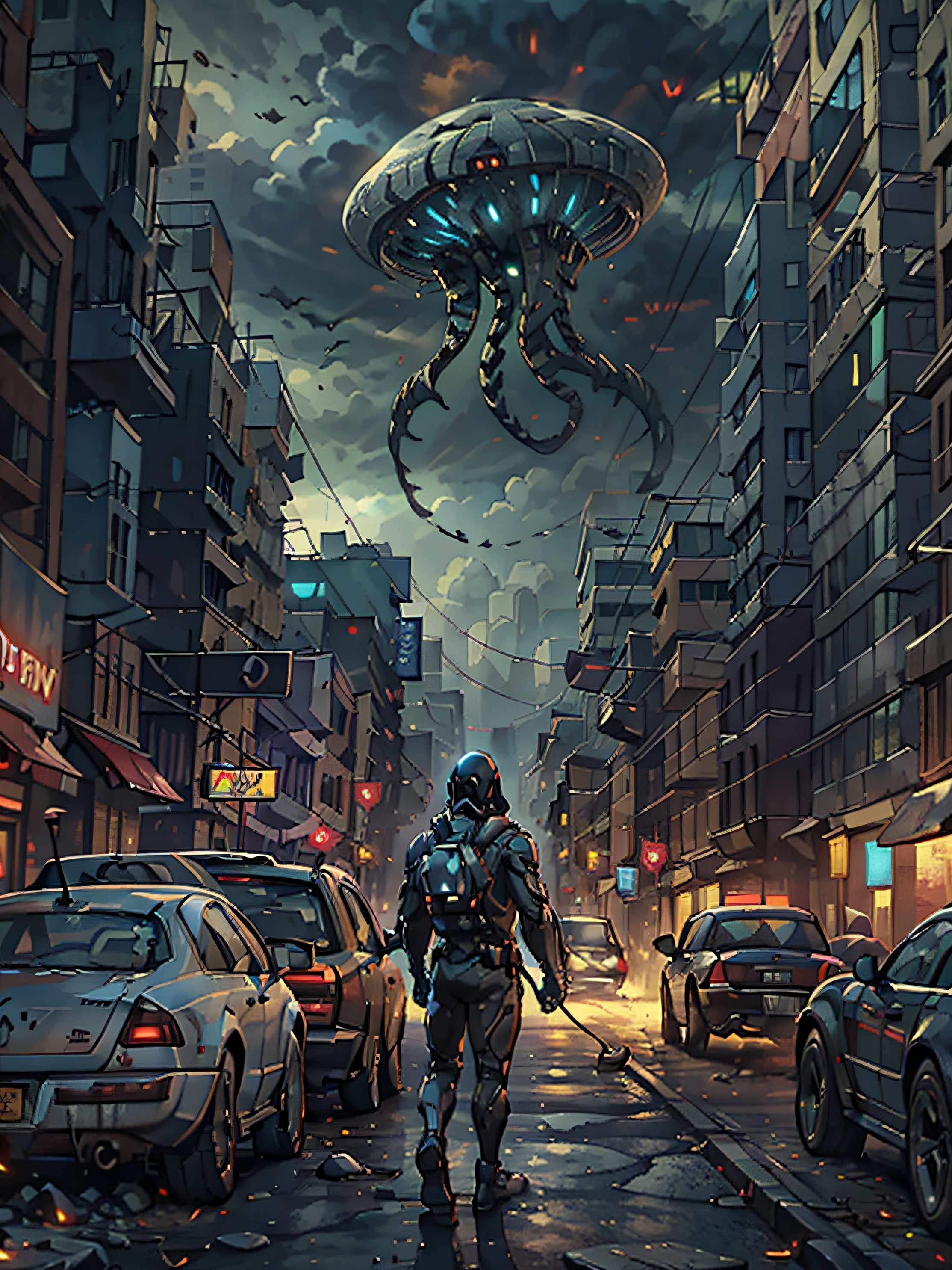 Realistic film and television rendering,unreal-engine,C4D engine(Film and television 3D scenes,Film-quality light and shadow,Top textures,Top details,Top AE compositing effects,Multiple characters,realistic scene,Highest picture quality,HD,8k,Film and television posters)"Creepy scene of intense alien invasion,The atmosphere is dark, Dramatic lighting, and drastic action. Demonstrate powerful alien creatures, Advanced technology, ruined cityscapes, Panicked civilians, and a sense of imminent danger. Generate disturbingly immersive images,Capture the chaos and horror of the otherworldly invasion."