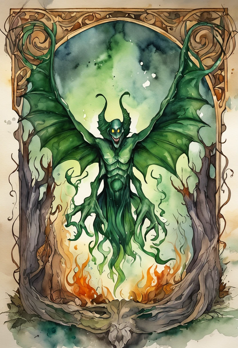 Out of the mouth, The wizard's arms and chest are dark green flames, which kills him. Evil ghosts fly around and laugh. evil, magic, terror
