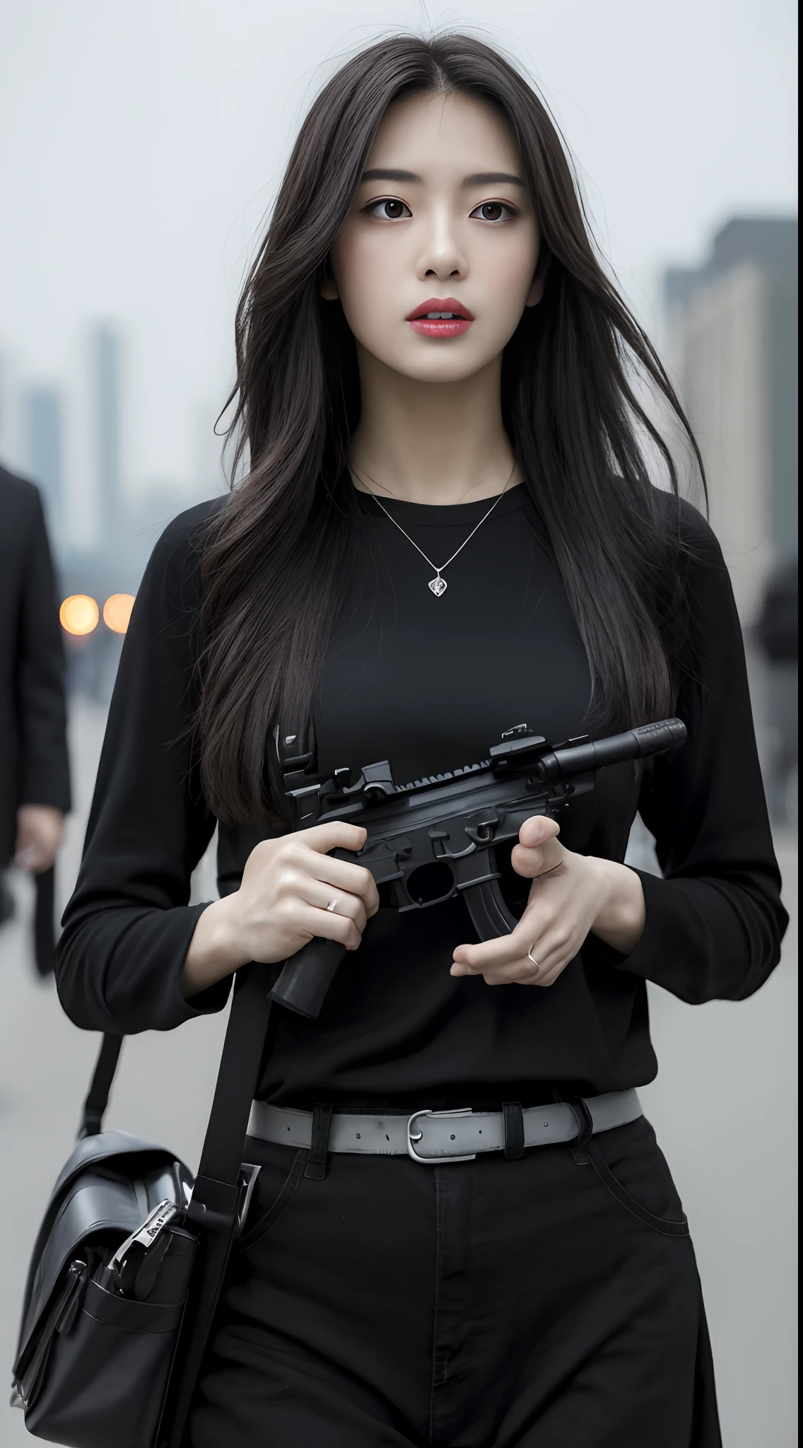 (masterpiece:1.4)、(top-quality:1.4)(high_resolution:1.1)、(detaileds)、graphic_novel、(detailed city background)、1girl in、(The upper part of the body_Body)、astonished face、de pele branca、Colossal breasts that seem to burst:1.2、Dramatic light、guns、arma、Holding a rifle in both hands、assault rifle、HK416、Virtual Girl - Aim、A dark-haired