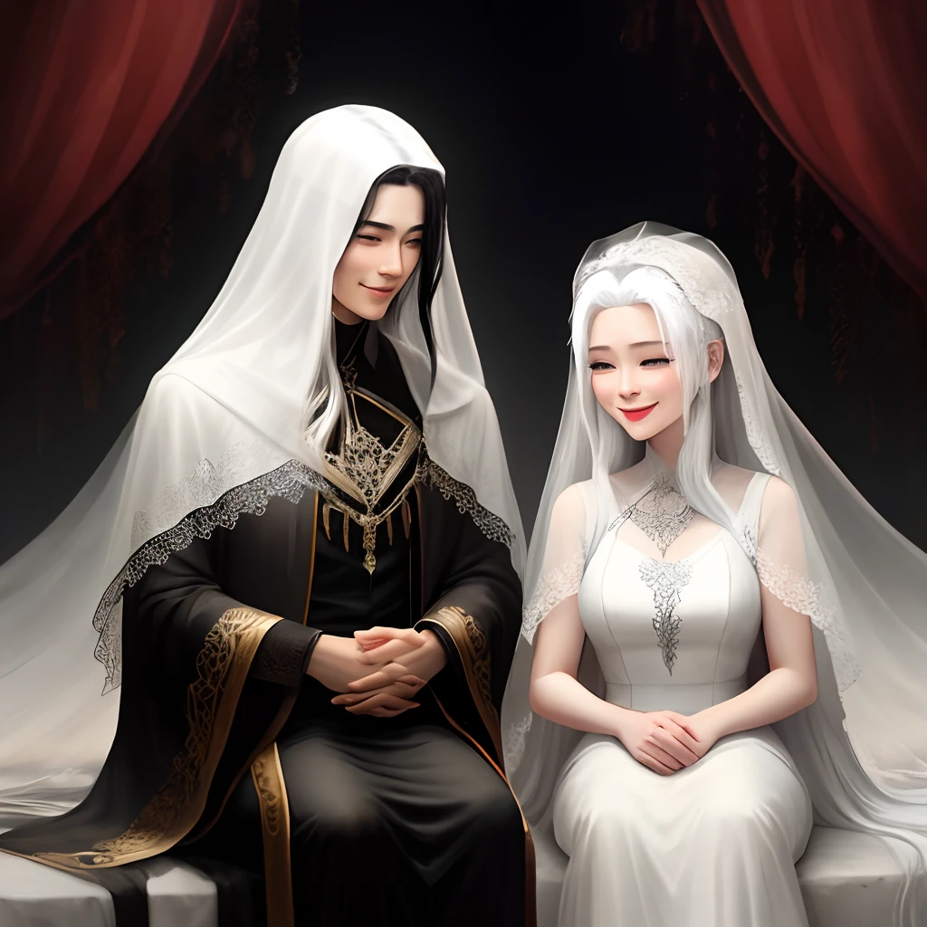 Long black silk hair and white hair lying smiling veil