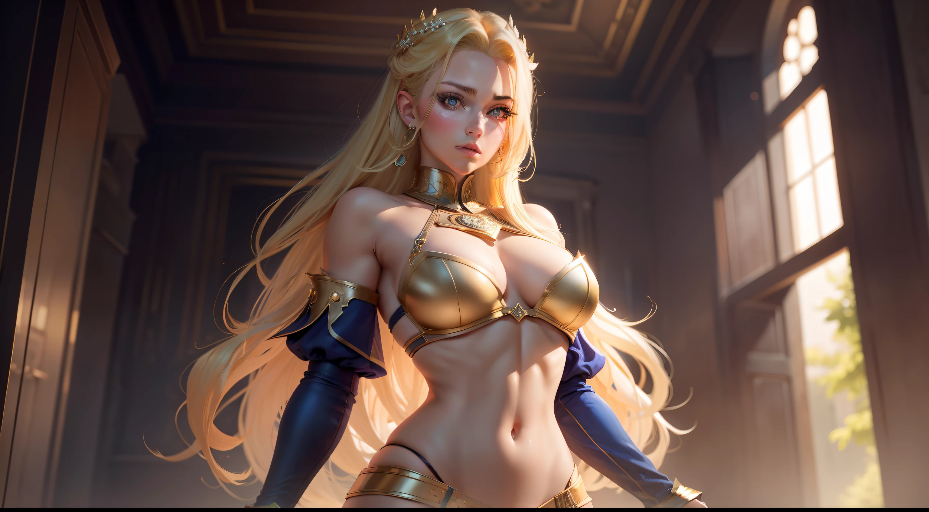 Realiy,Raised sexy,Bigchest,Royal Sister,Low-cut clothing,Superskirt,blonde beautiful,high high quality,A high resolution,Optimal proportions of four fingers and one thumb,beauitful face,tmasterpiece,Girl one,a navel,High quality eyes,Eye symmetry,Chest real